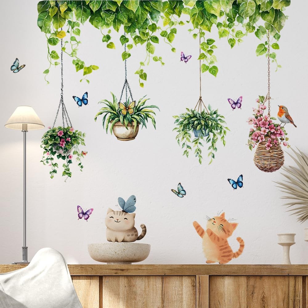 iMagitek Hanging Plants Wall Decals Garden Butterfly with Cat Bird Wall Stick…