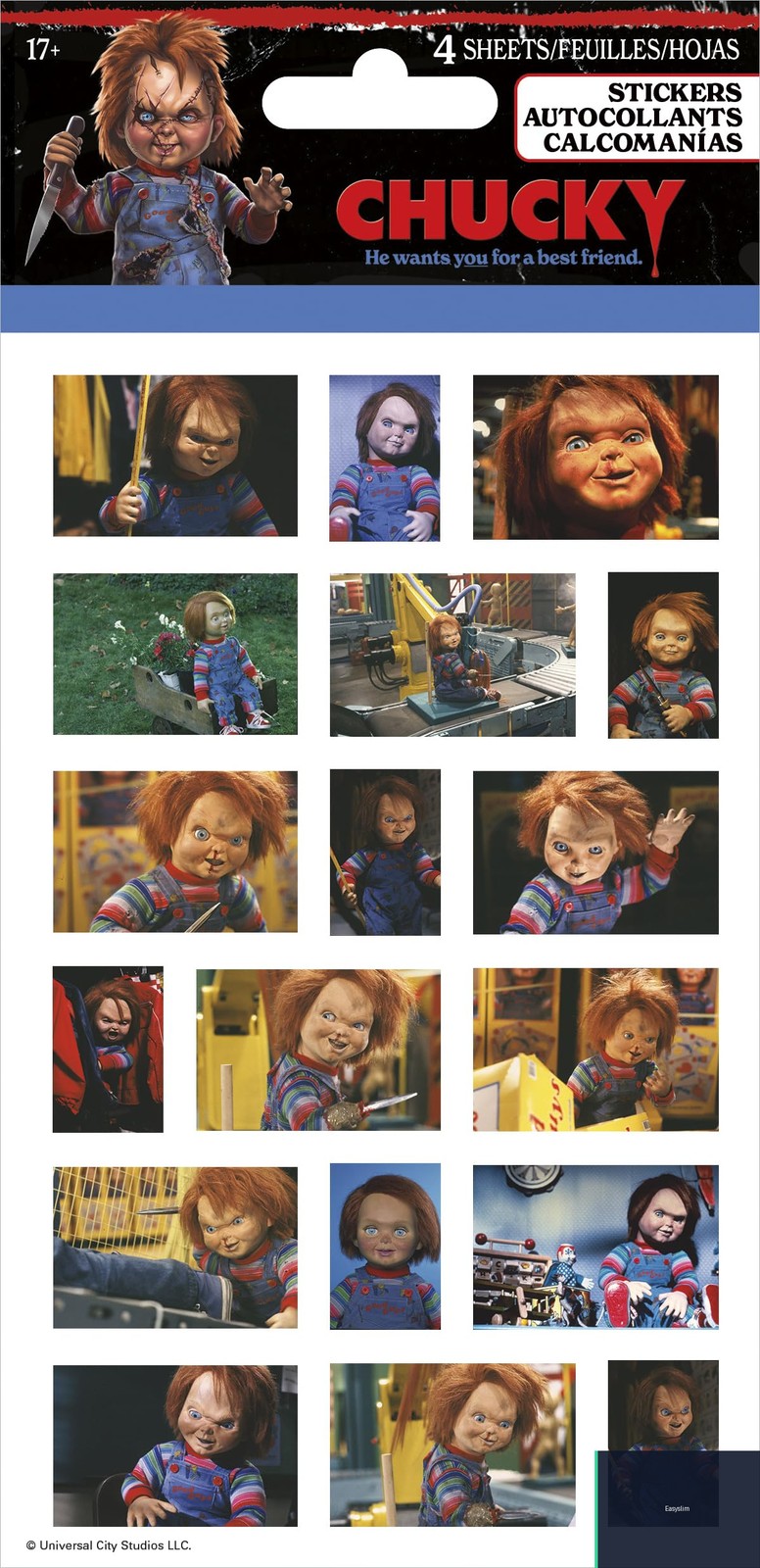 Chucky Standard Sticker Sheets, Officially Licensed, 50+ Stickers, 4 Pack