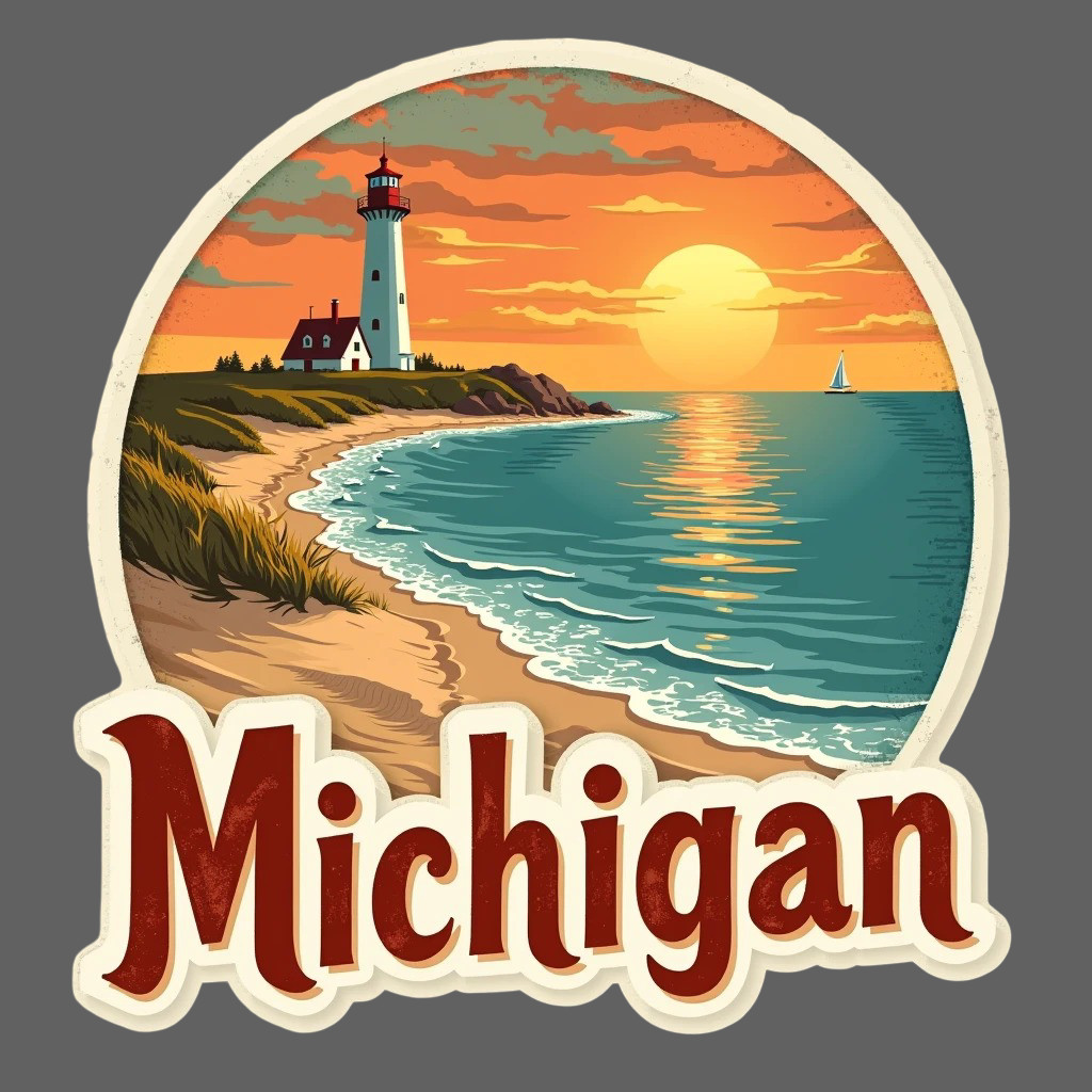 Michigan Sticker Vinyl Decal Lighthouse Coast Great Lakes Beach Sunset Travel
