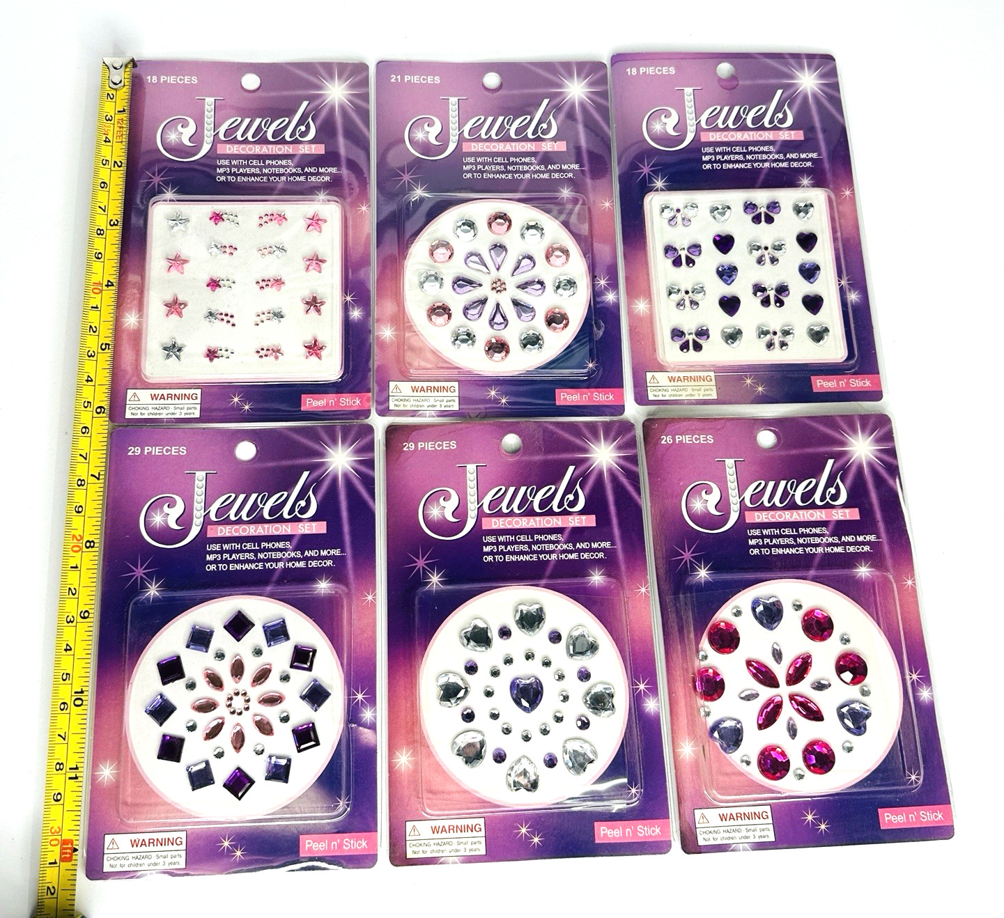Jewels Decoration Set Lot of 6 Peel & Stick 3D Stars Rounds Hearts Tear Drops