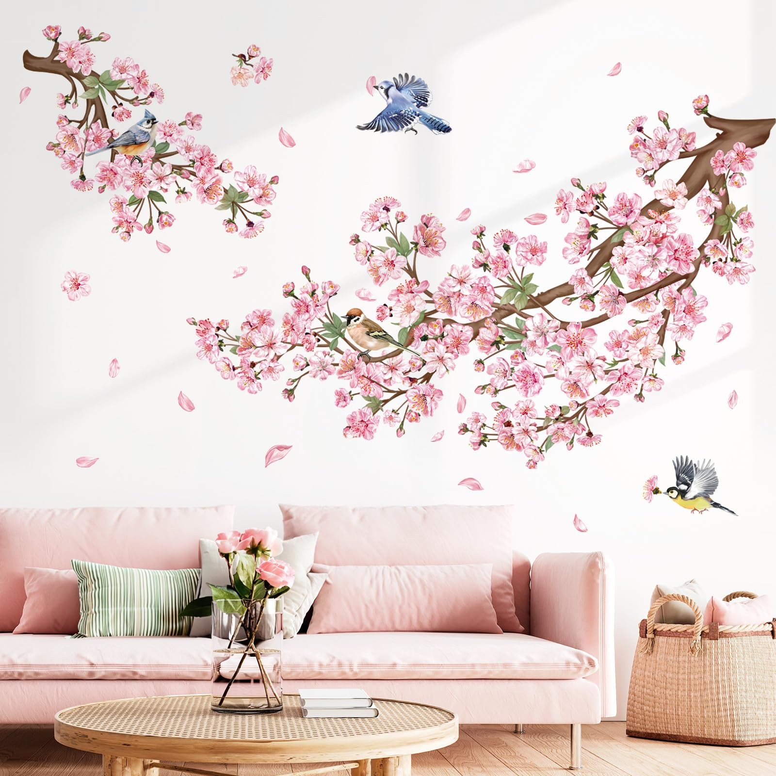 Cherry Blossom Branch Wall Decals Pink Floral Birds Wall Stickers Bedroom Liv…