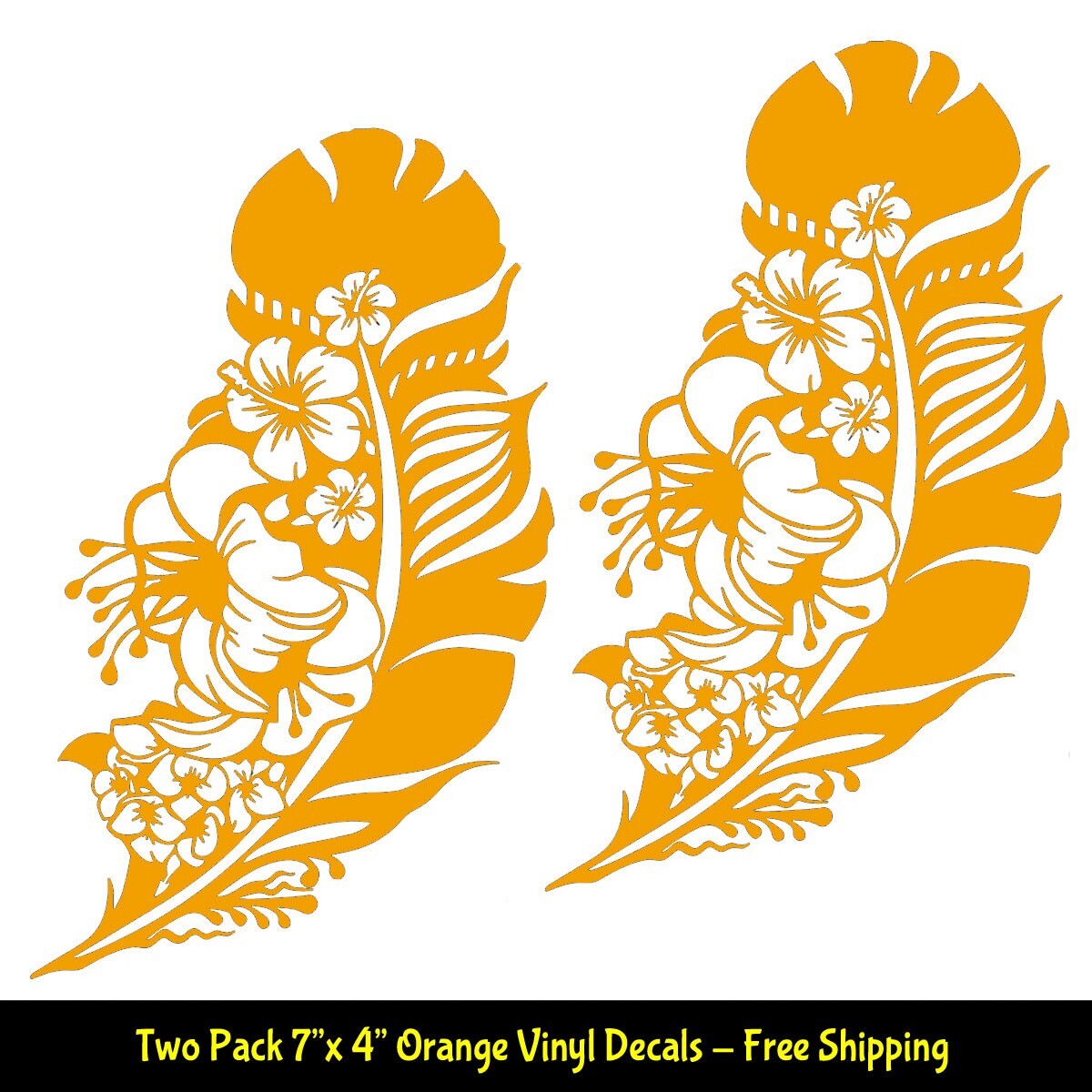 Hibiscus Hawaiian Flower Botanical Feather 2 Pk 7" Orange Vinyl Decal Car Window
