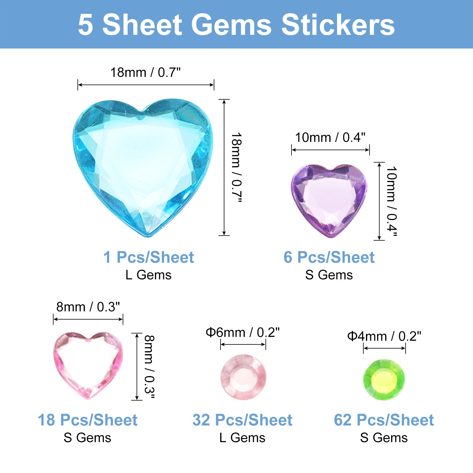 119Pcs Gems Stickers, 5 Sheet Circular and Heart Rhinestone Stickers, Multicolor