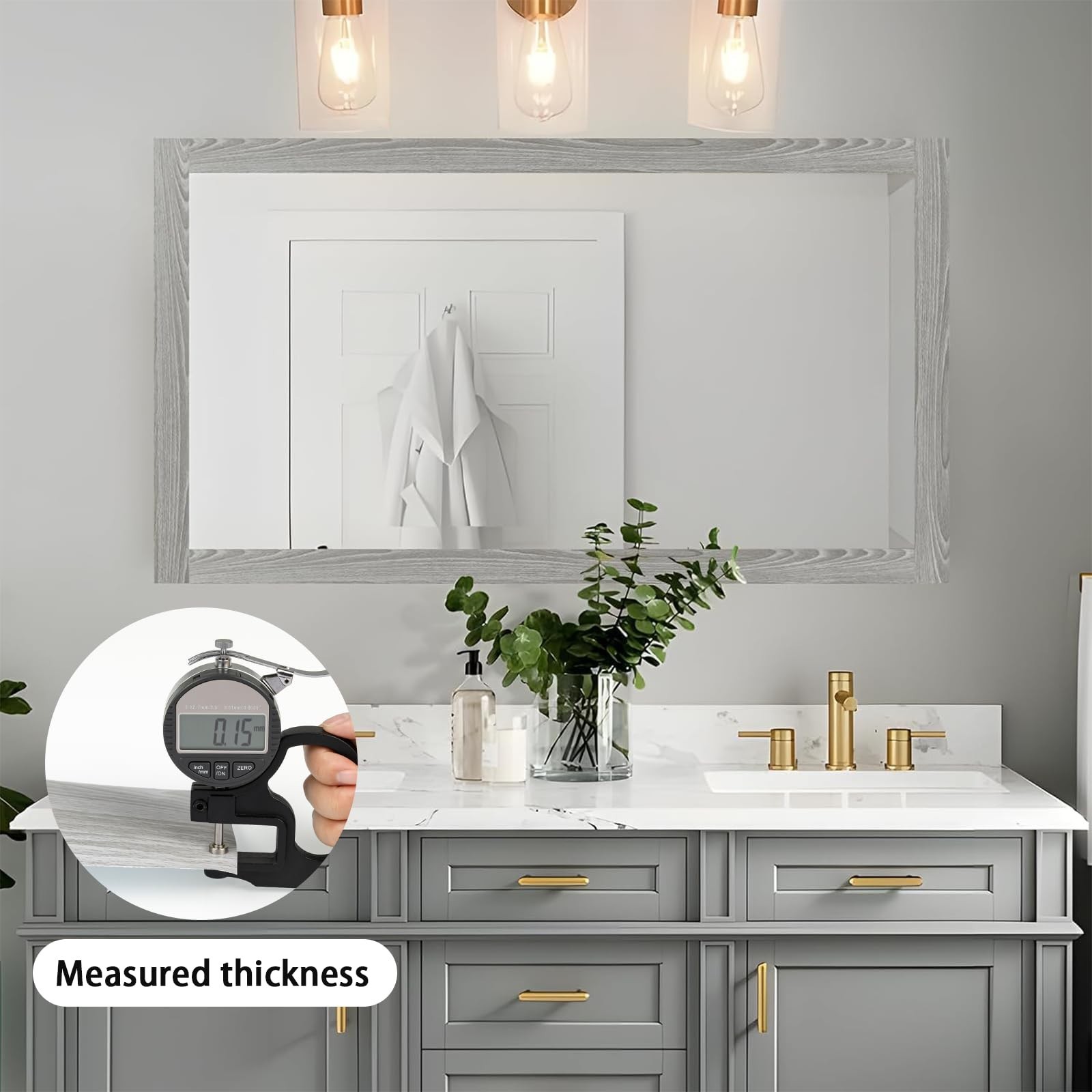 Grey Wood Grain Mirror Border Peel and Stick Wallpaper, Self Adhesive Waterpr…