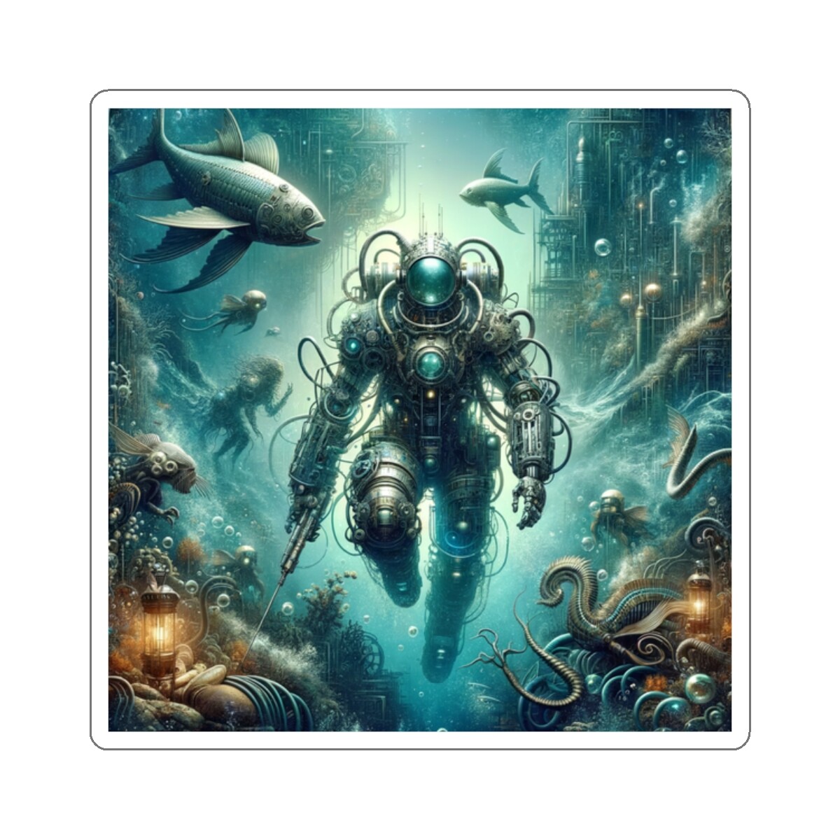 Sticker Steampunk Robot Explorer Underwater City 2×2" 3×3" 4×4" 6×6" Scuba Diver