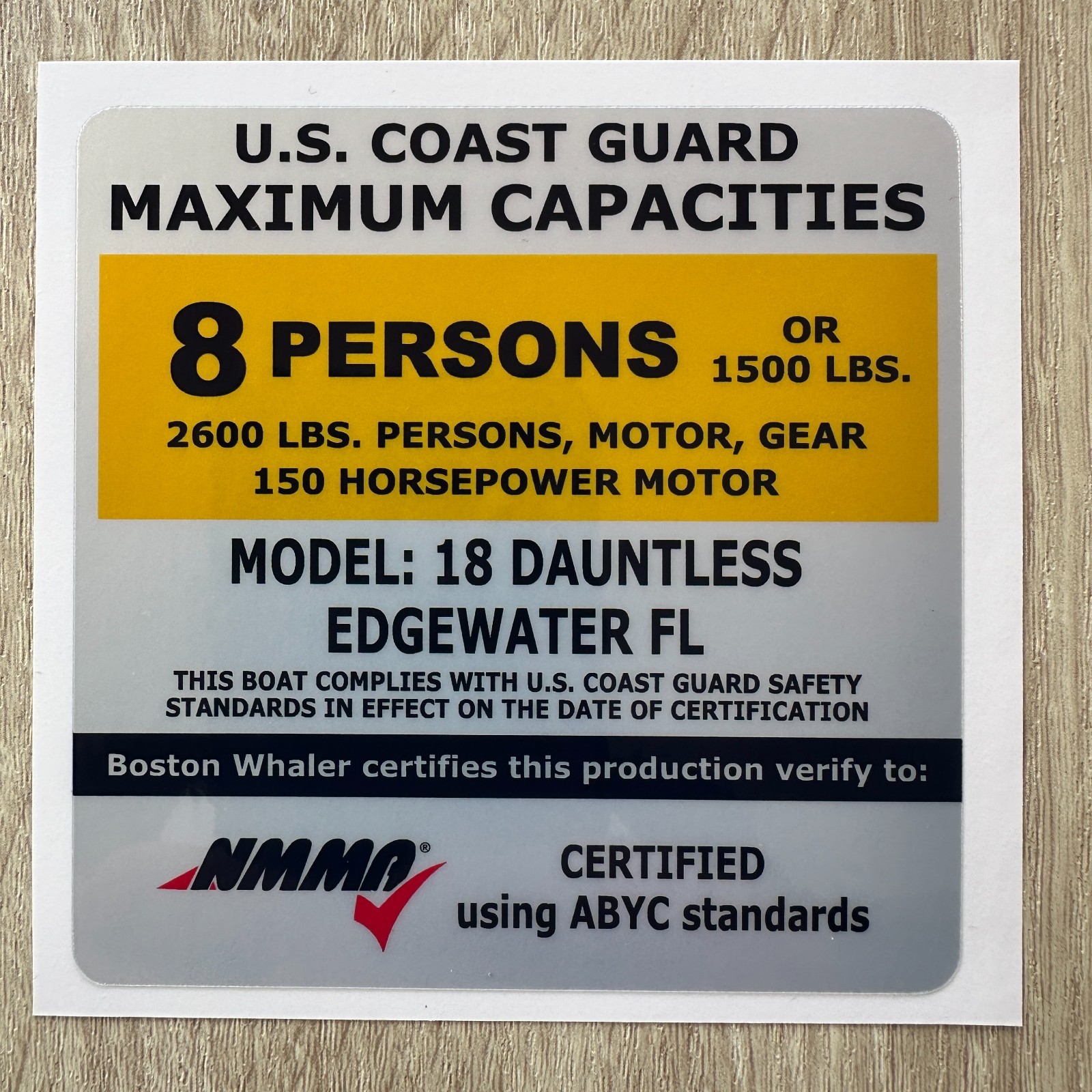 Boston Whaler 18 Dauntless Boat Capacity Plate Decal USCG Replacement Sticker