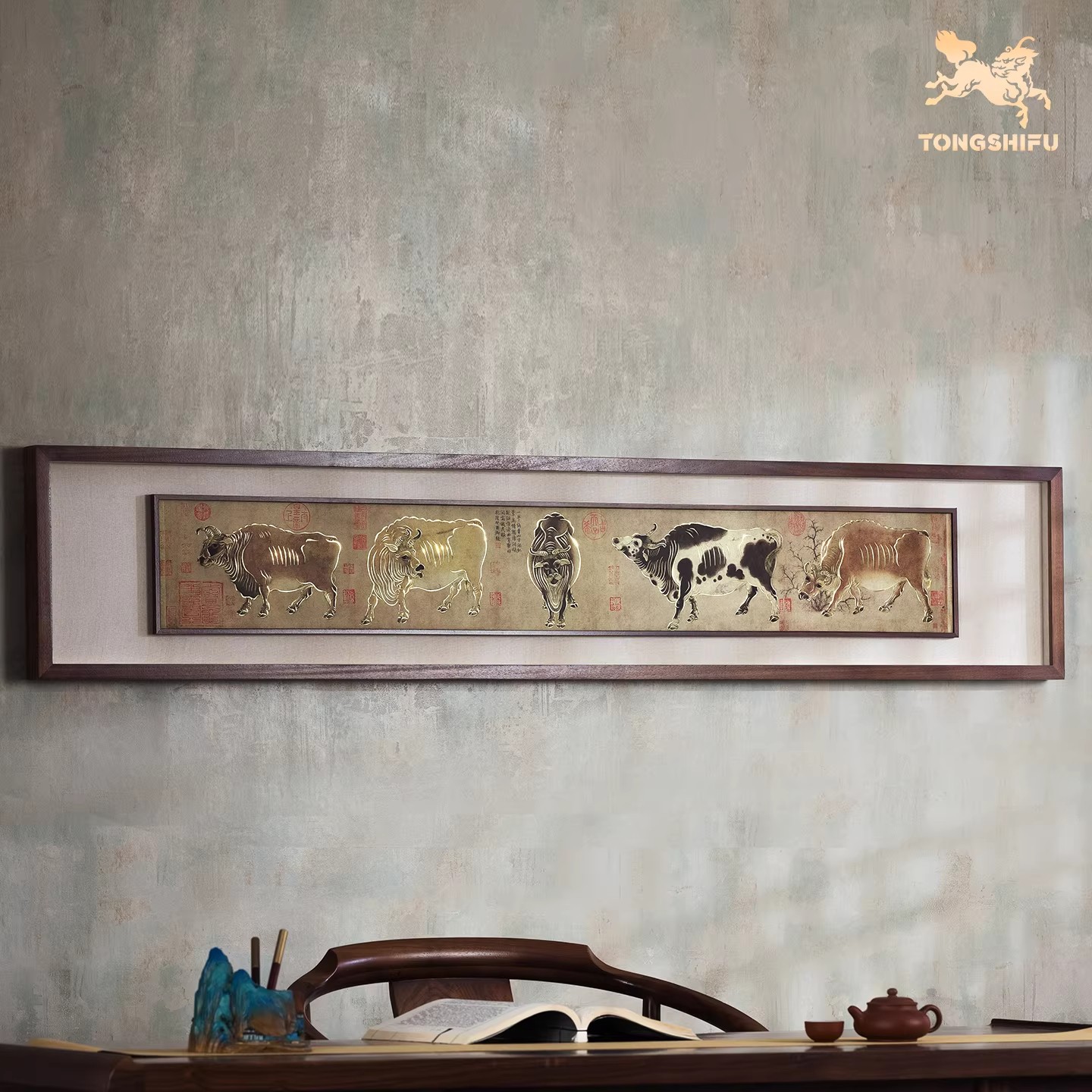 Handmade Bronze Sculpture Painting Five Oxen Chinese Style Decorative Wall Art