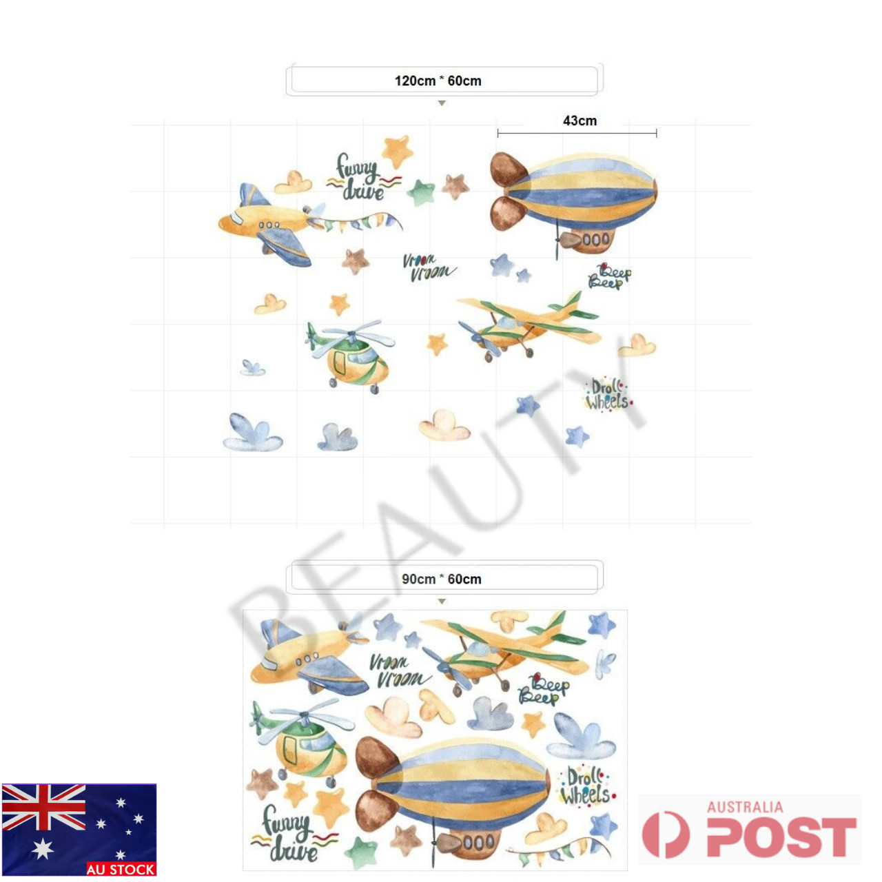 Boys Planes Stars Watercolour Removable Wall Sticker Nursery Decal Decor DIY Fun