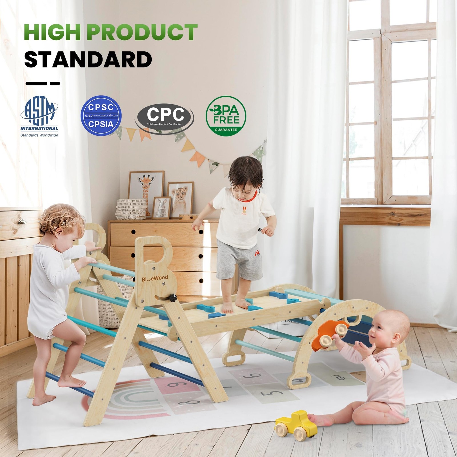 BlueWood Pikler Triangle Set – Sky Blue w/Car-Sky Blue