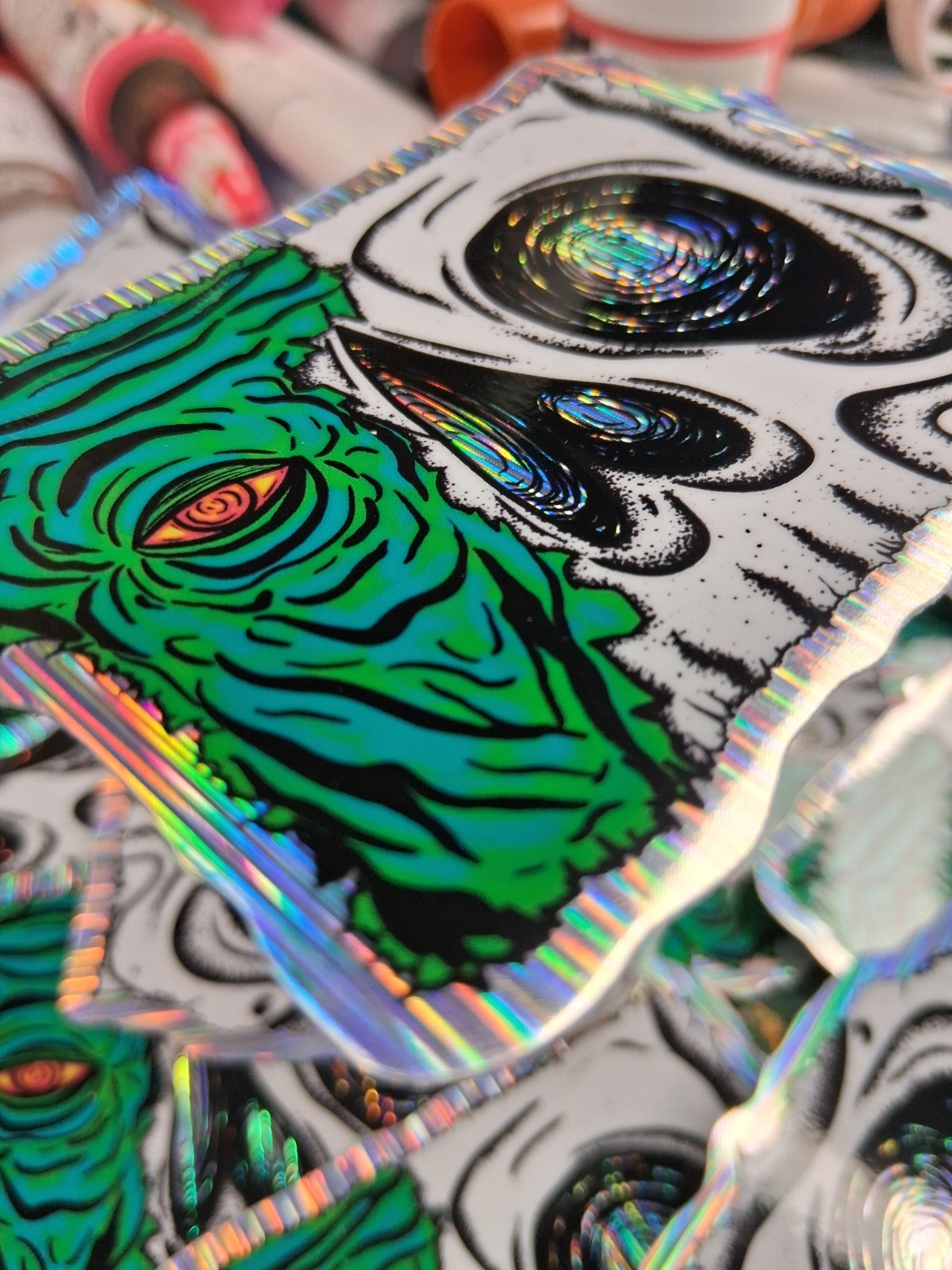 Holographic Whimsical Comic Surreal Creepy Zombie Skull Vinyl Sticker,Trippy Art