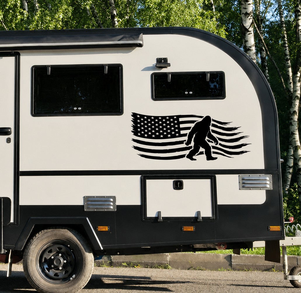 Bigfoot Edition RV Camper Decal – Distressed American Flag Sasquatch