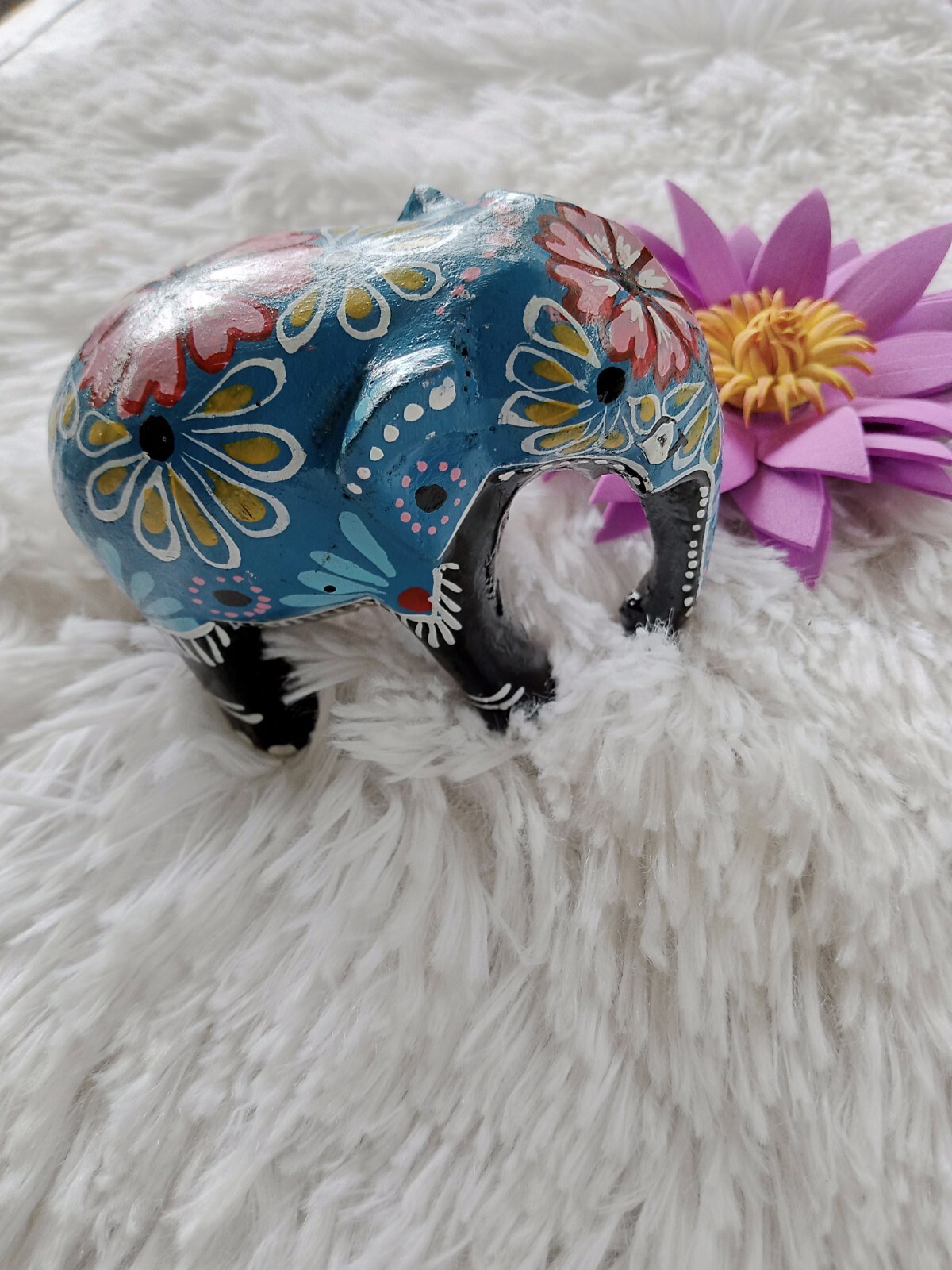 Wood Elephant Carved Lucky Statue Painted Home Decoration Art Handmade Color
