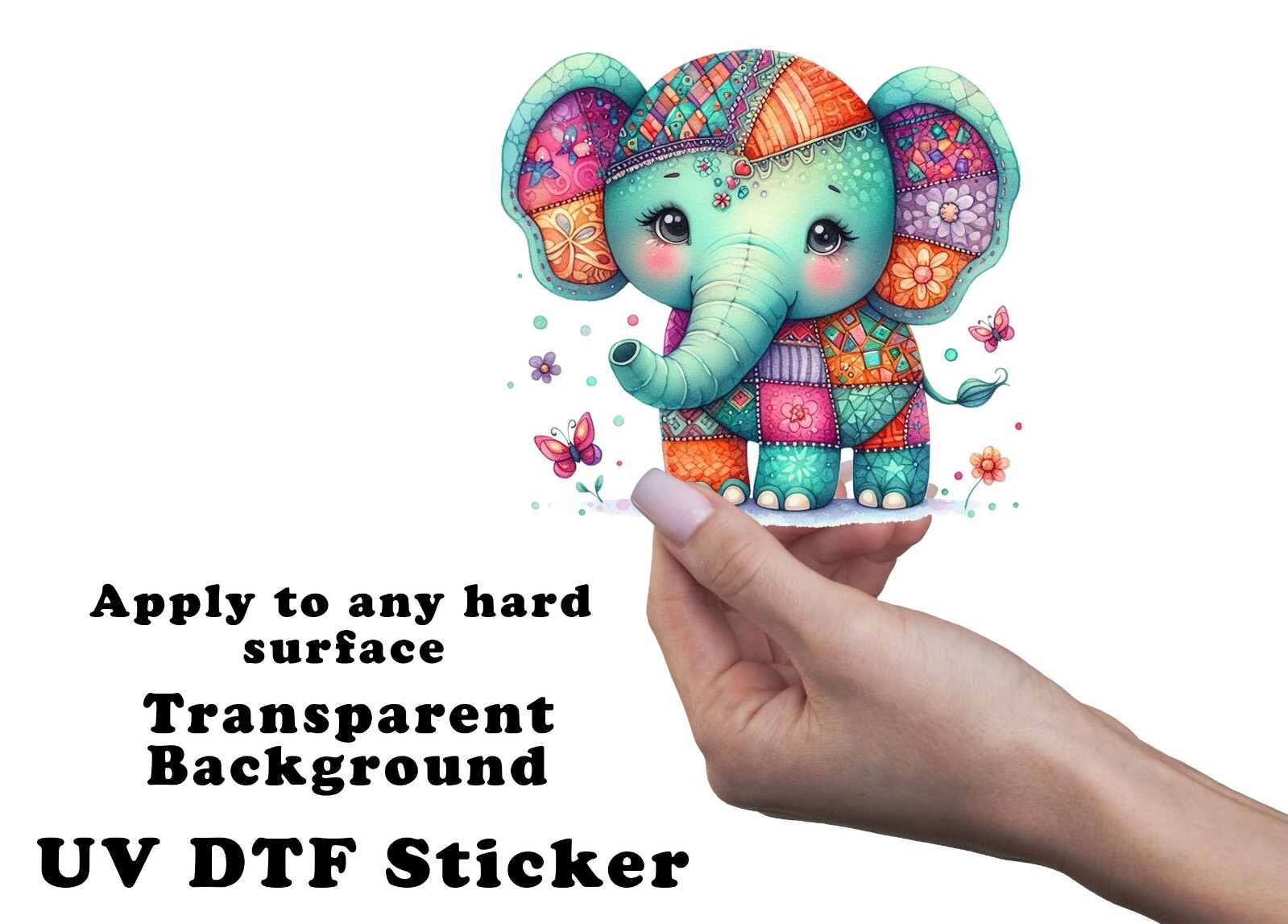 Turquoise Patchwork Elephant UV DTF Transparent Sticker / Decal