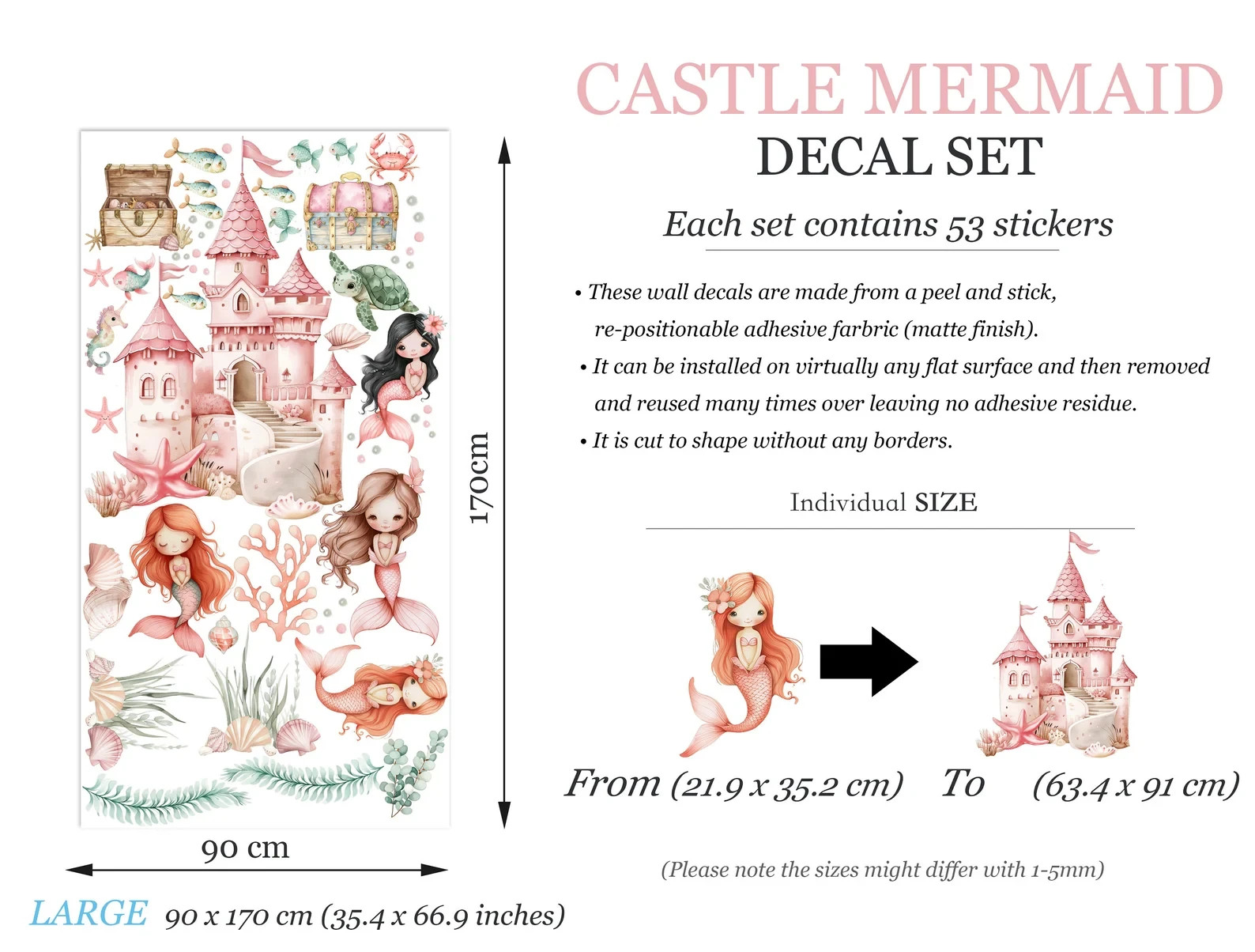 Watercolor Castle Mermaid Princess Wall Decal – Girls' Room Decor – BR461