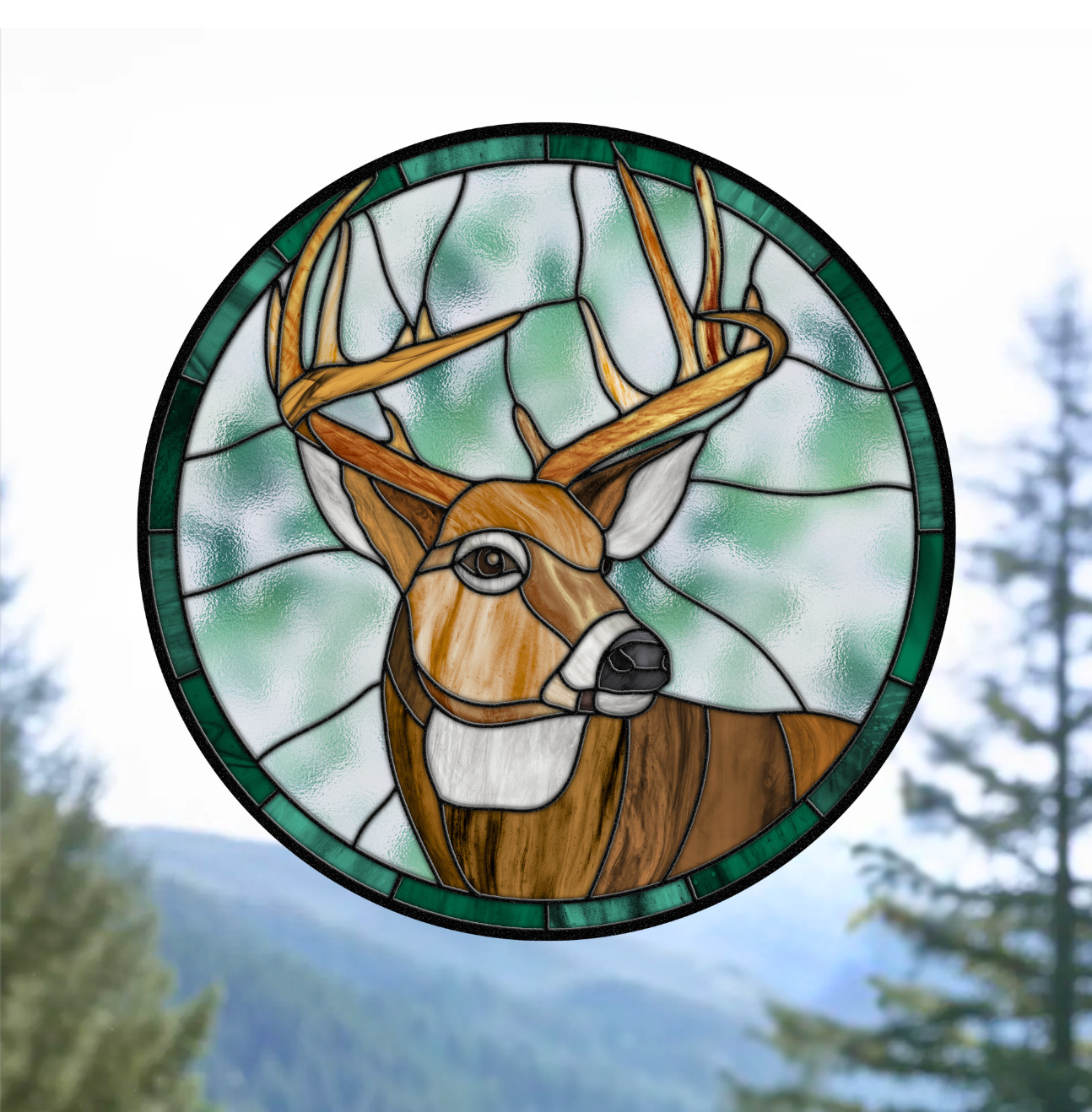 Buck ~ Deer Faux Stained-Glass WINDOW CLING Size 8" Round Repositionable Vinyl
