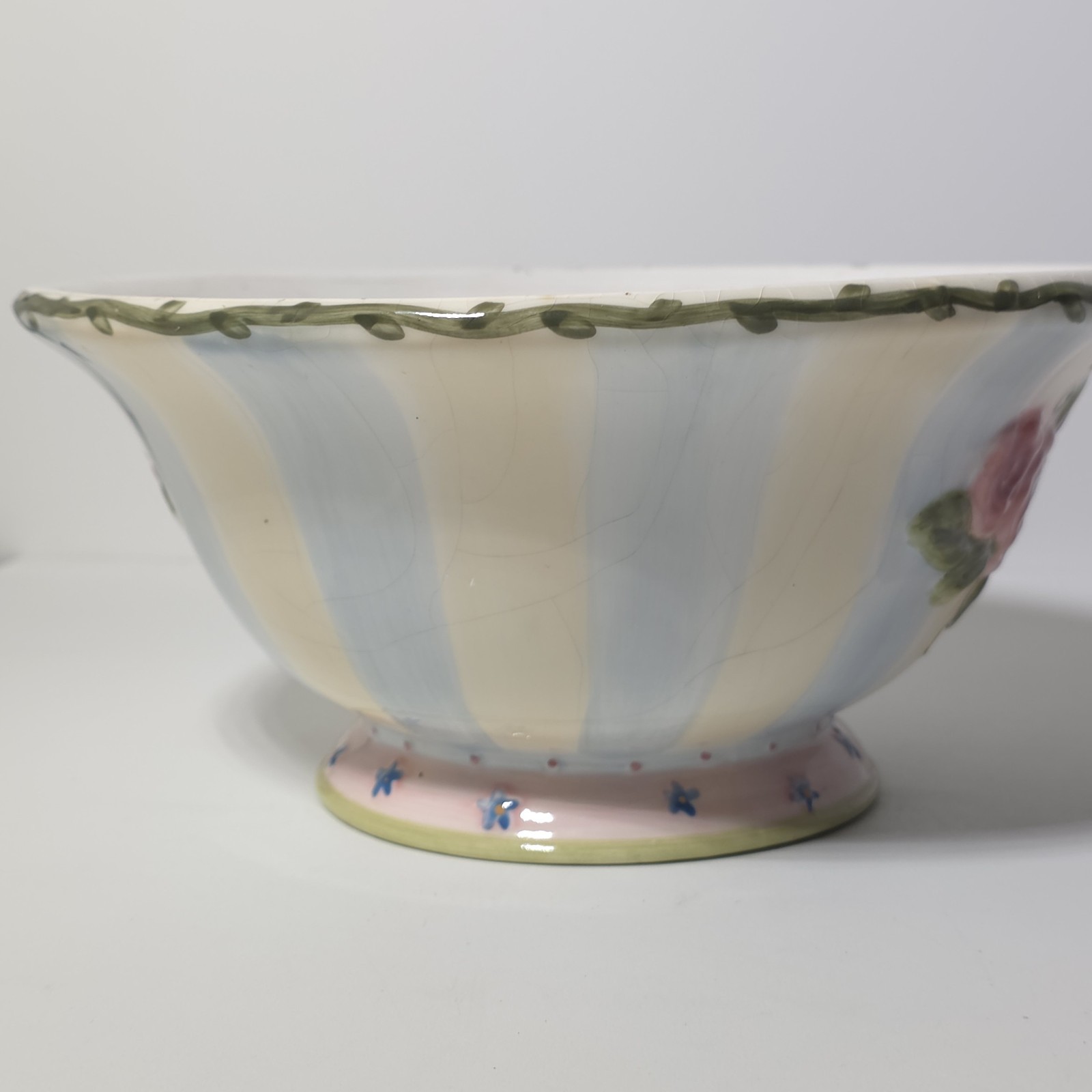 Vintage Cottagecore Pink Rose Blue Striped Footed Ceramic Serving Bowl 9" x 4"