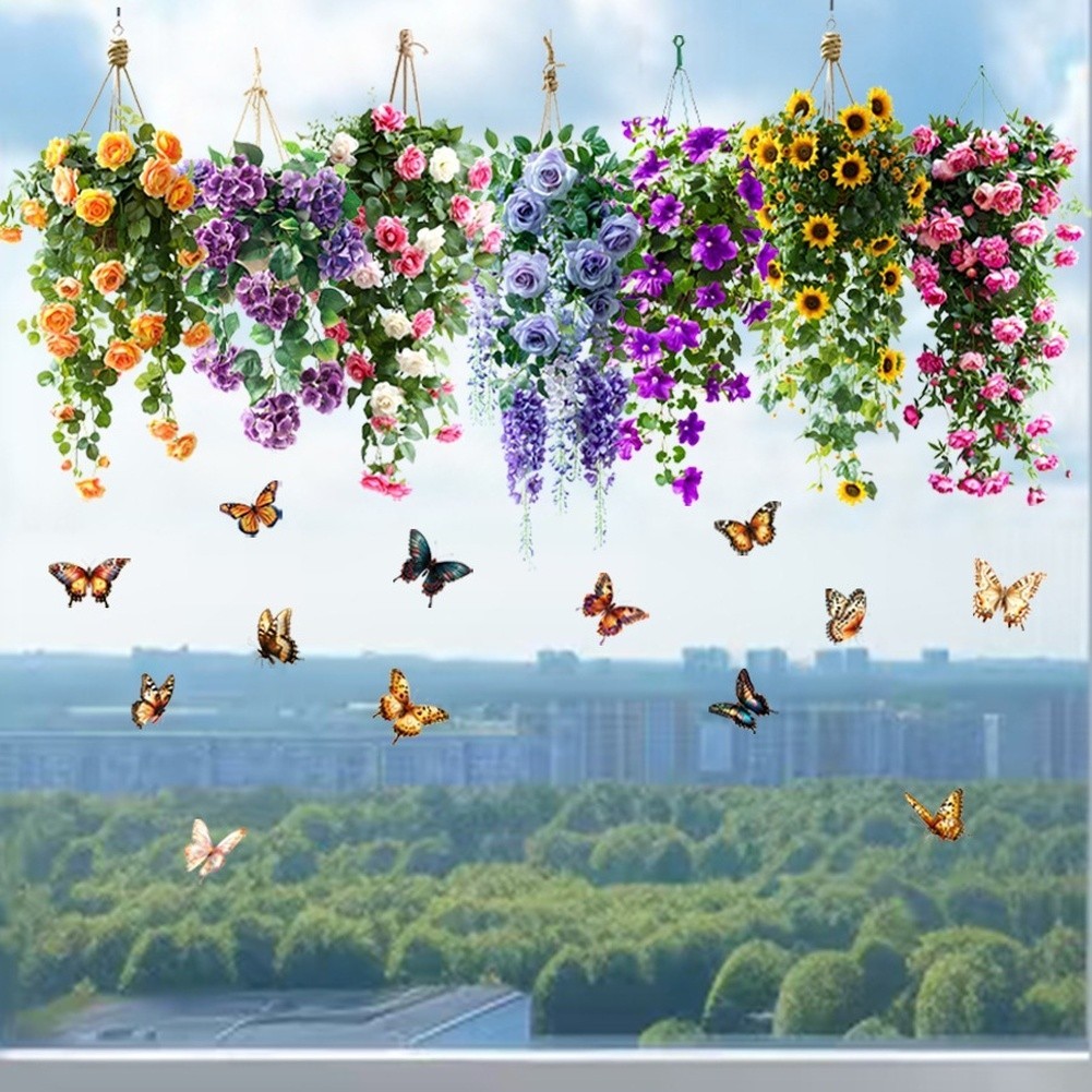 Static Cling Window Decals Floral Basket Birds Butterfly Pattern PVC Sticker