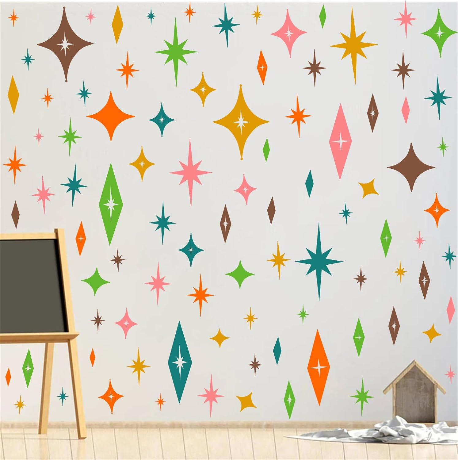 Colorful Stars Wall Stickers, Mid Century Modern Vintage Atomic Star Vinyl Wall