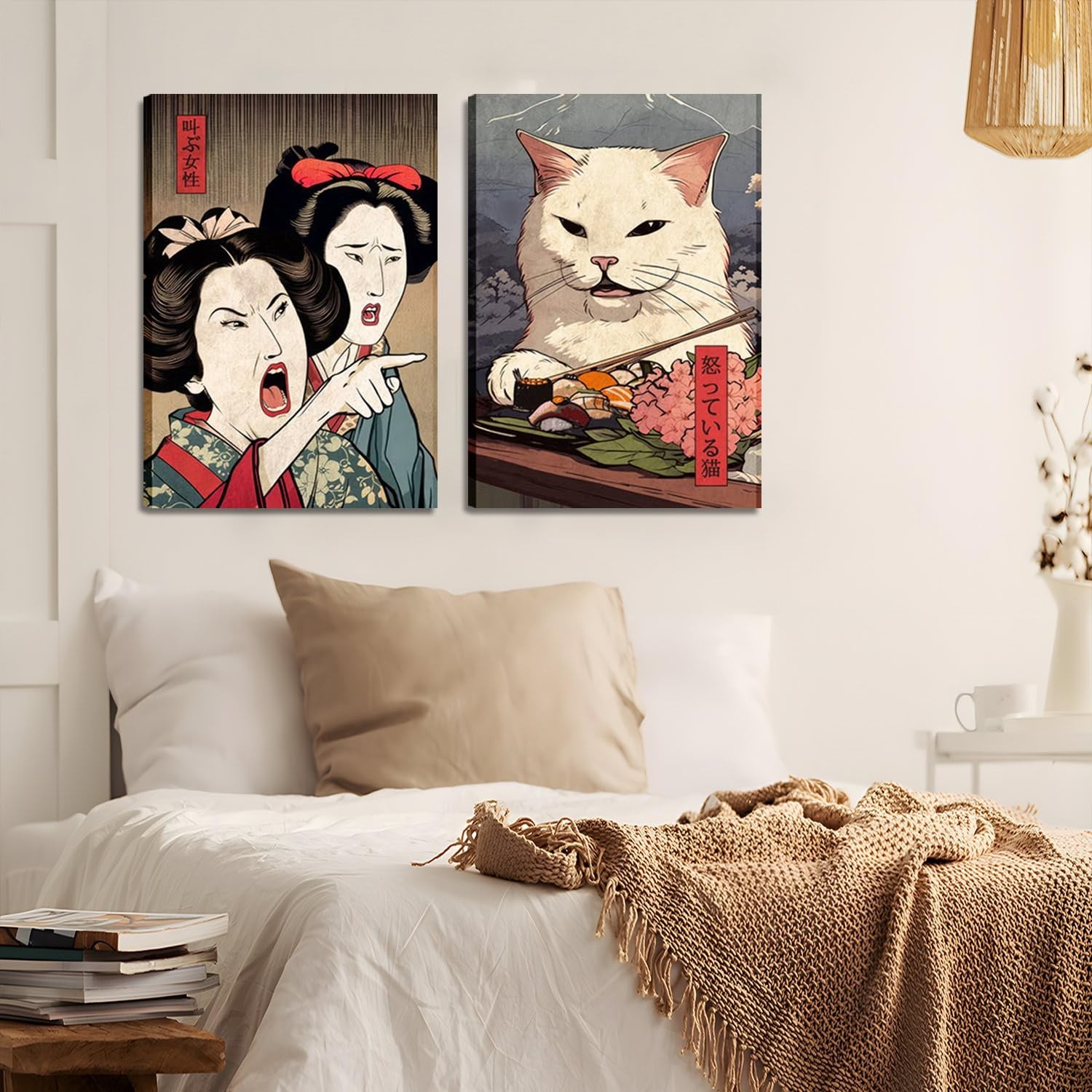 Funny Anime Posters Japanese Decor Set of 2 – Woman Yelling at Cat Canvas Wal…
