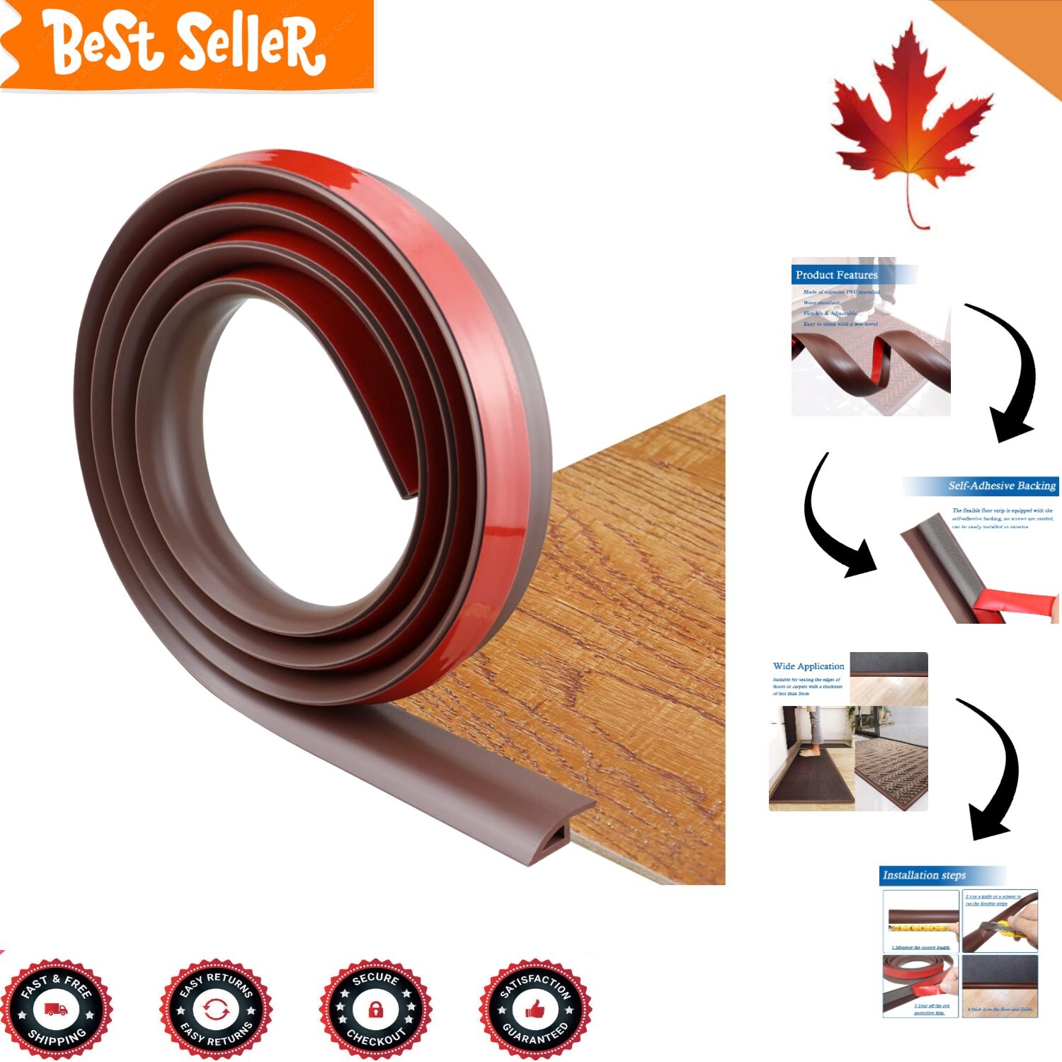 Self Adhesive Carpet & Flooring Transition Strip – PVC Threshold Trim – 6.56ft