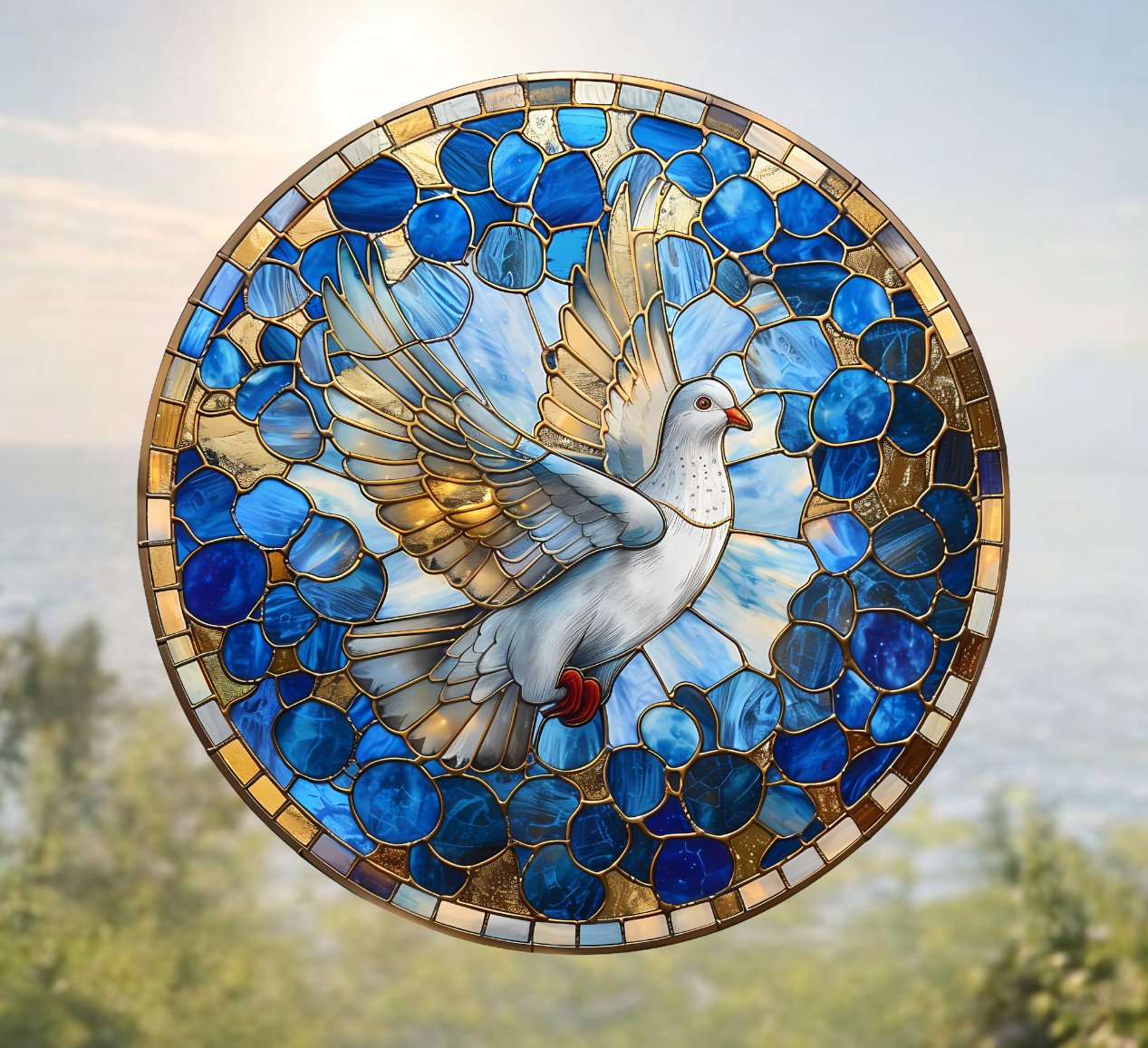 Holy Spirit Peace Dove Faux Stained-Glass WINDOW CLING Size 8" Round Vinyl