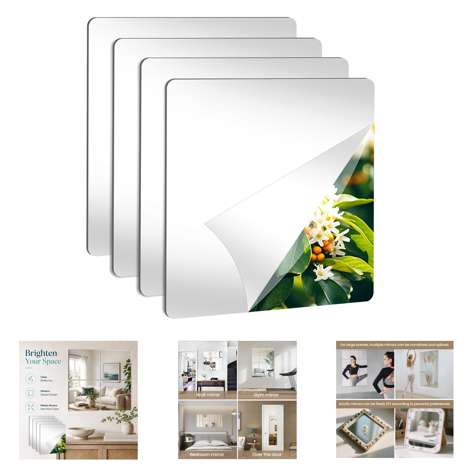 Peel and Stick Mirror Tiles 8 Inch Acrylic Self Adhesive Wall Decor for Bedroom