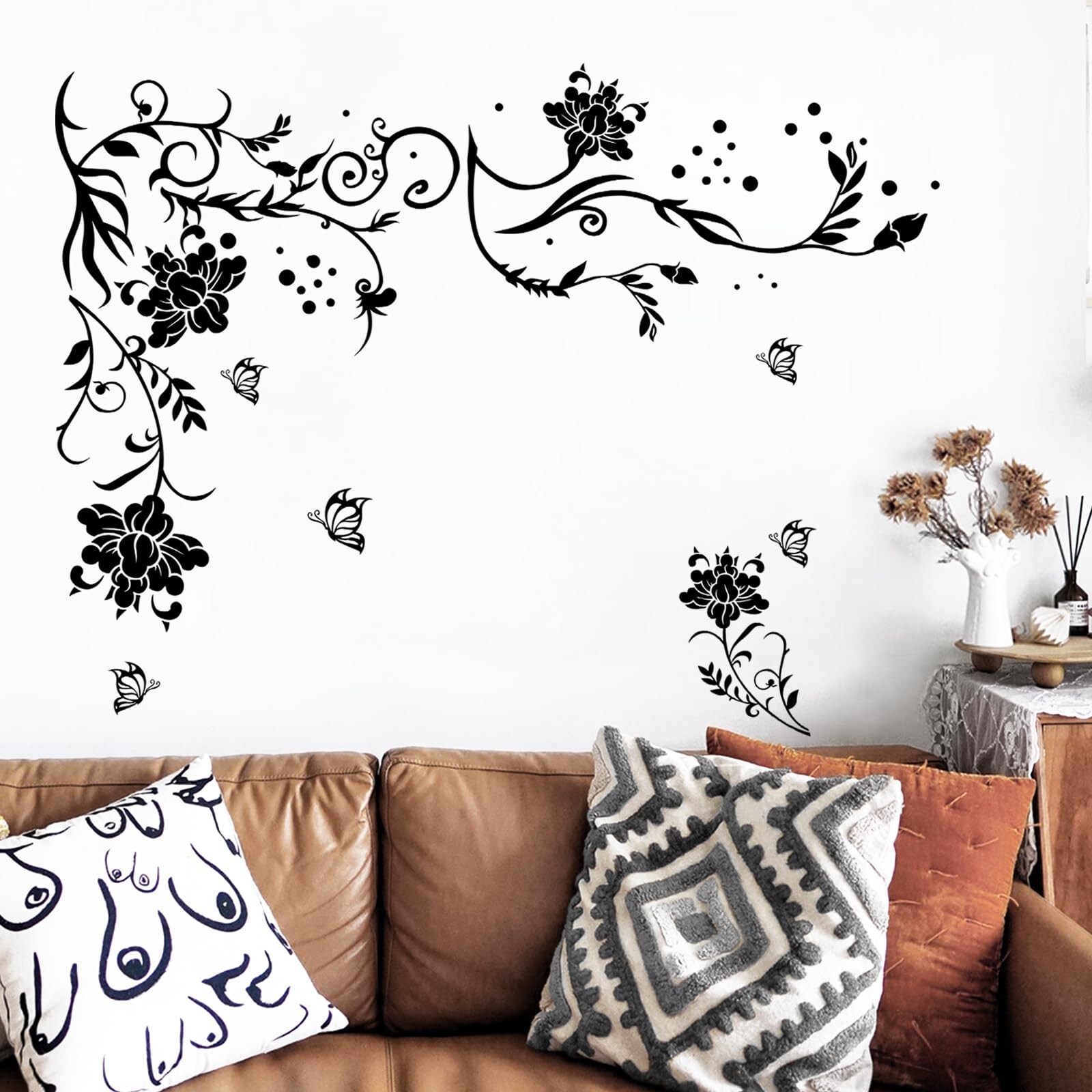 Supzone Flowers Vine Wall Decals Black Flower Wall Stickers Butterfly Floral …