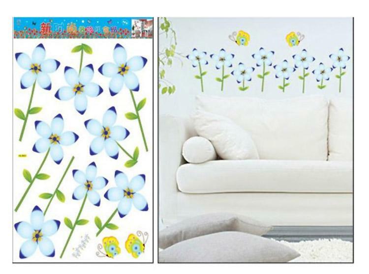 Blue Flowers & Butterflies Wall Art Home Decal Mural Paper Sticker