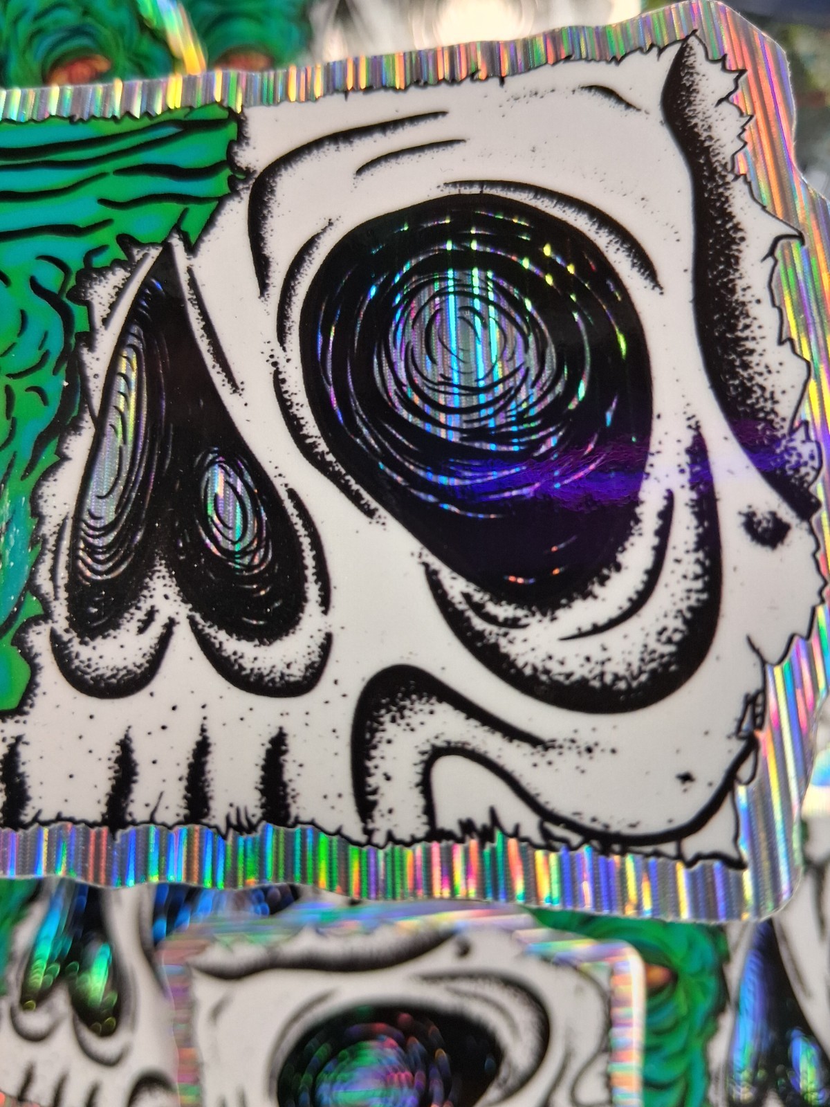 Holographic Whimsical Comic Surreal Creepy Zombie Skull Vinyl Sticker,Trippy Art