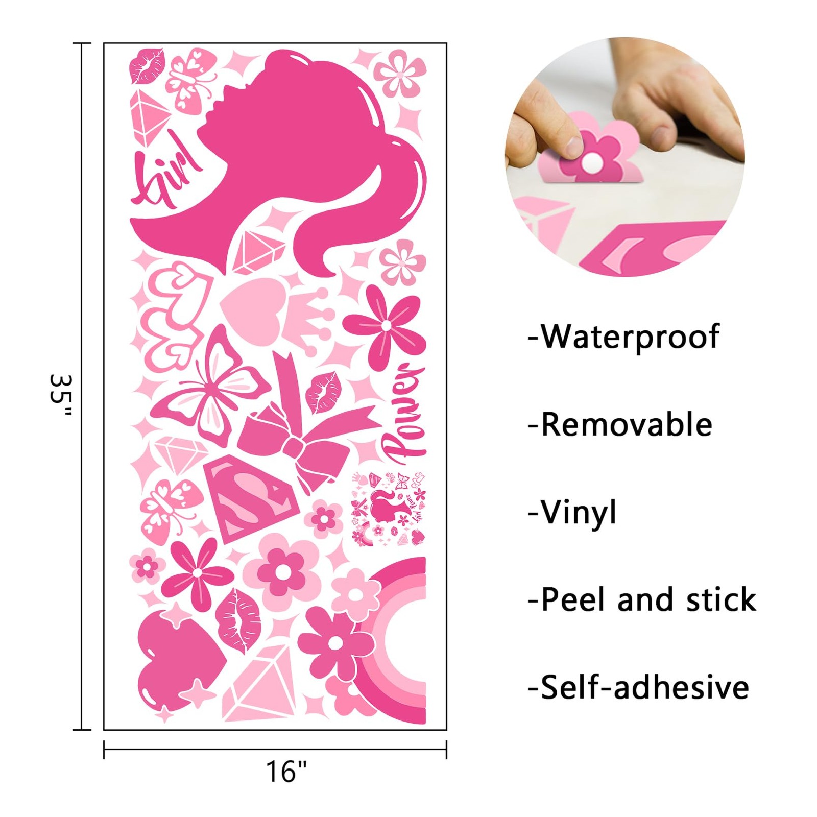 Pink Girl Power Wall Decals Stickers, Inspirational Rainbow Bow-Knot