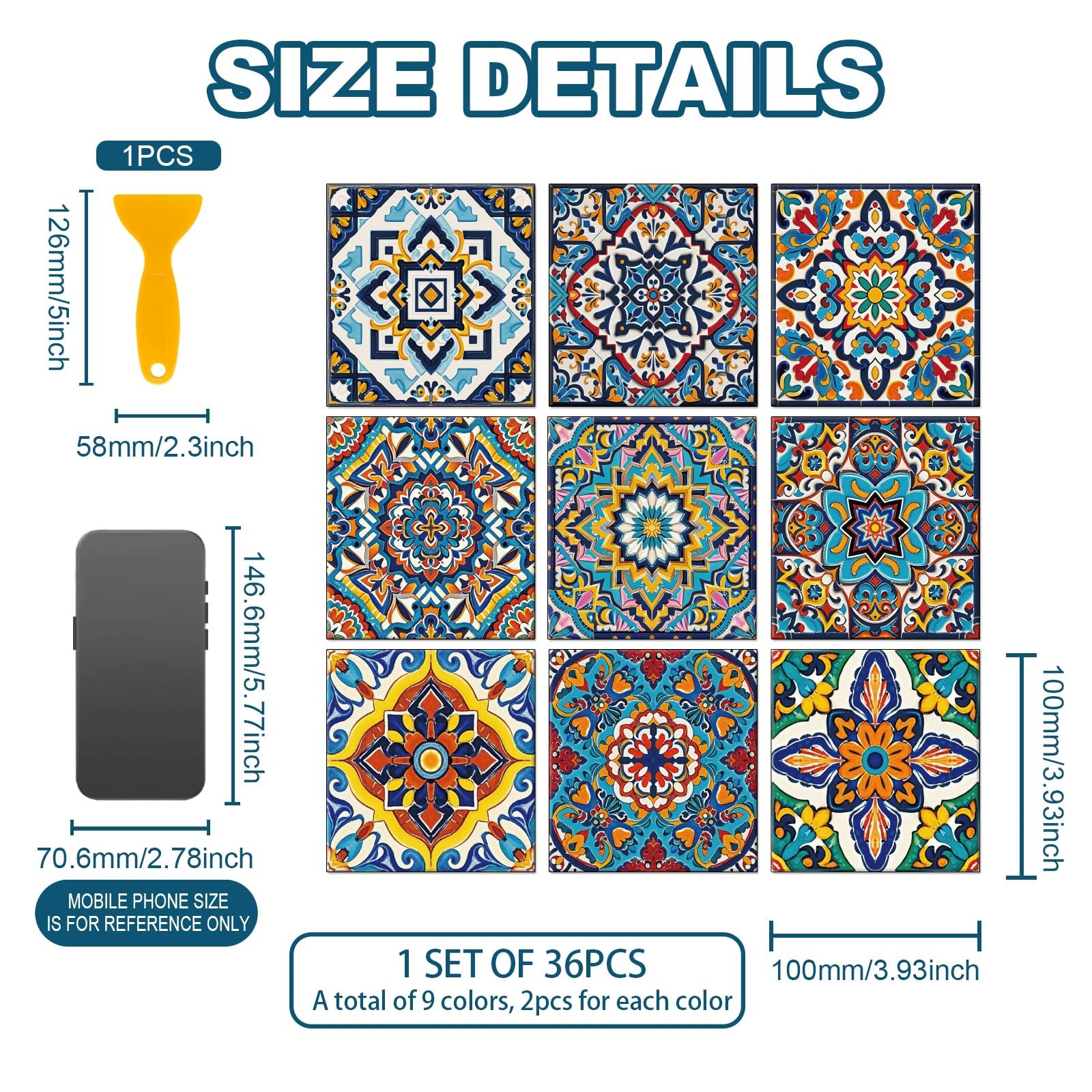 36 Pcs 9 Style Colorful Relief Tile Sticker 4×4 Inch Portuguese Geometric Pee…