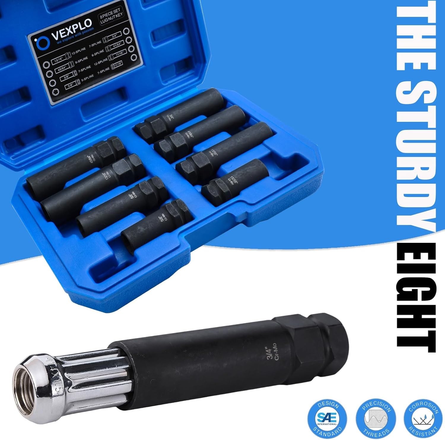 Spline Lug Nut Socket Set, 8 Piece SAE & Metric Locking Lug Nut Removal Tool, Wh