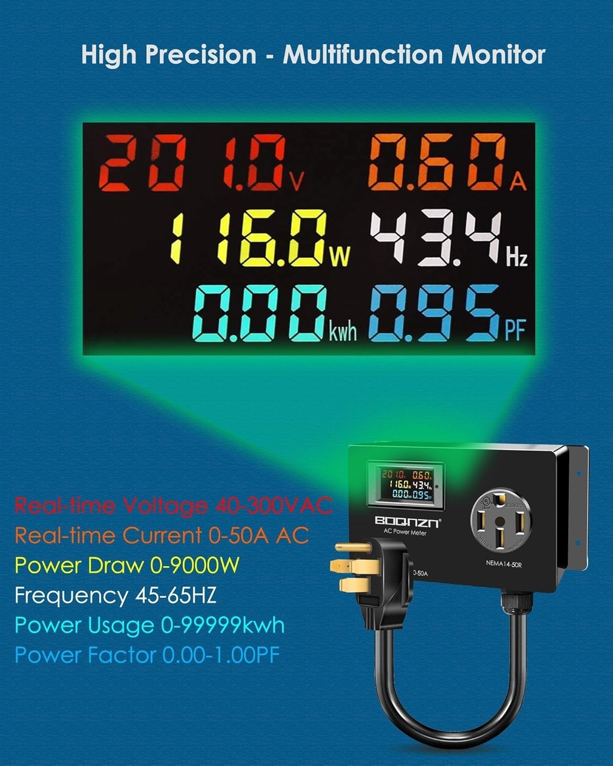 50A AC Power Meter, 240V NEMA 14-50P to 14-50R LCD Display 14-50R, Black