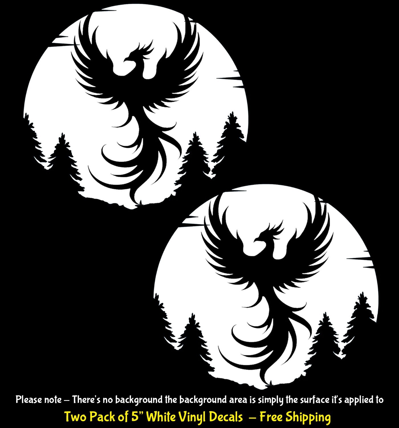 Phoenix Rising Full Moon 2 PK 5" White Vinyl Decals Window Any Flat Surface