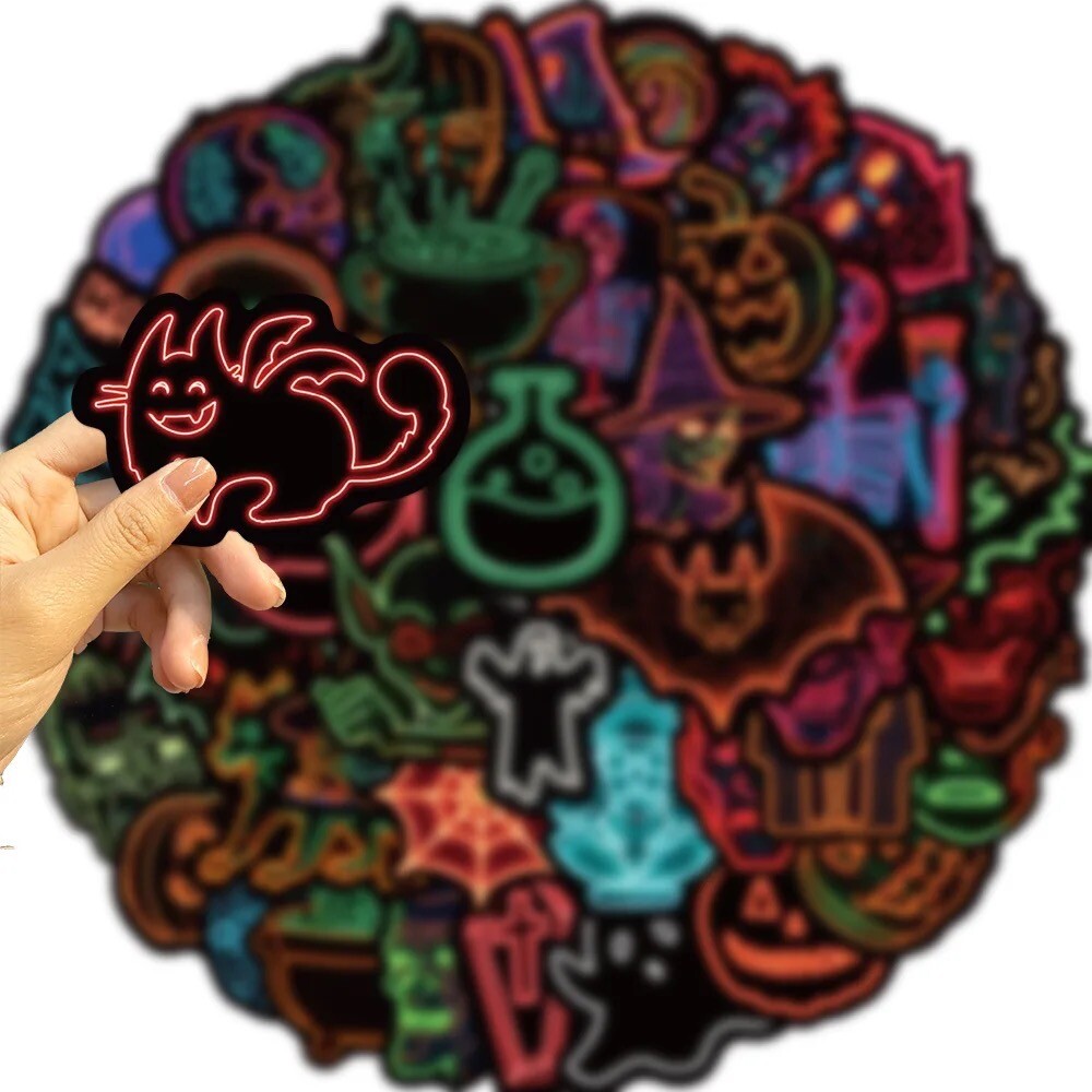 50 PCS Neon Stickers Halloween Spooky Decals Laptop Binder Holiday Free Shipping
