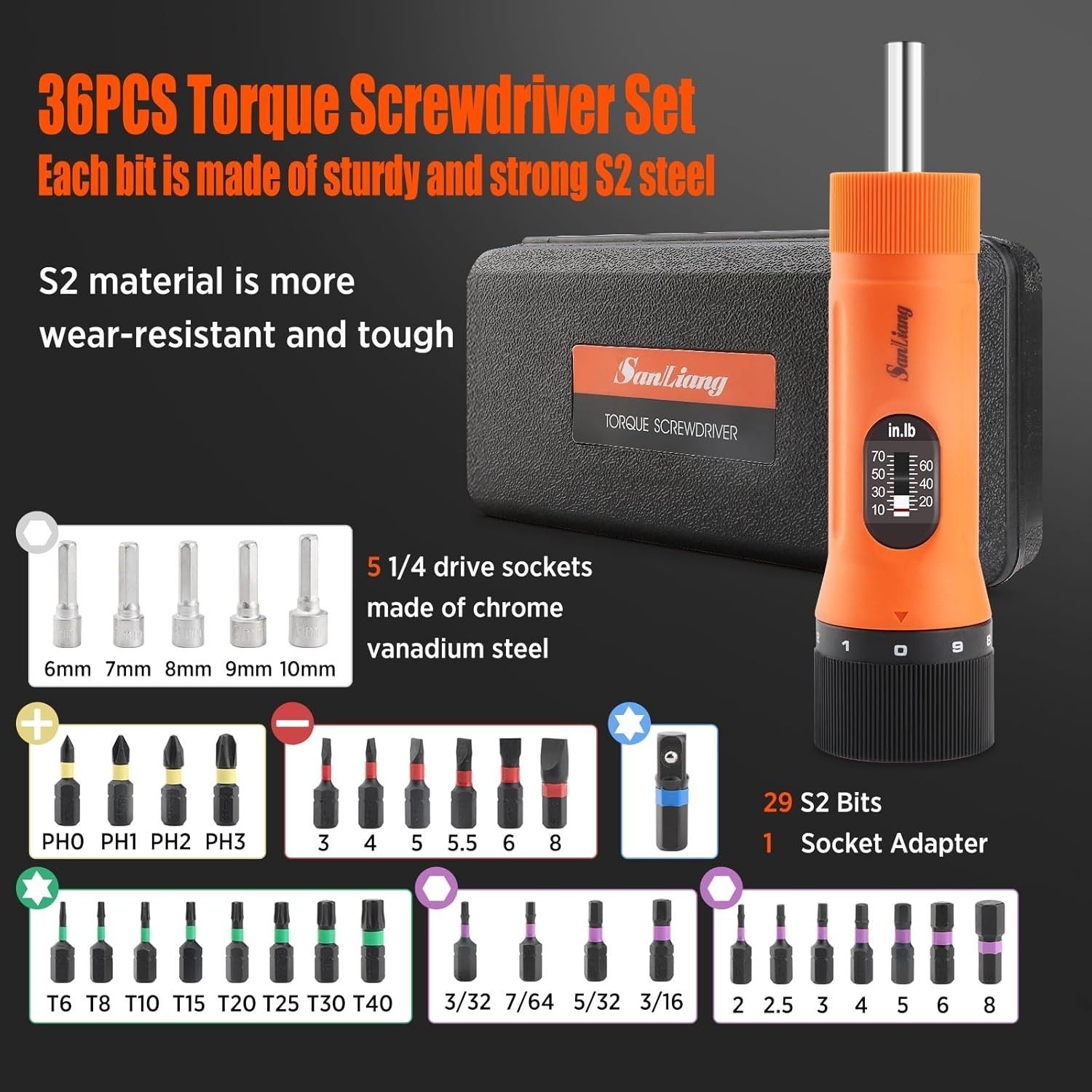 36Pcs Torque Screwdriver Wrench Driver Set 10-70 Inch Pounds Lbs with 29 S2 Bits