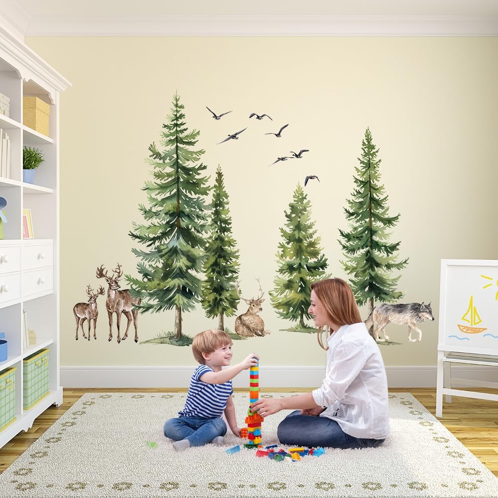 Green Pine Tree Wall Sticker Woodland Animals Wall Decal Peel and Stick Fores…