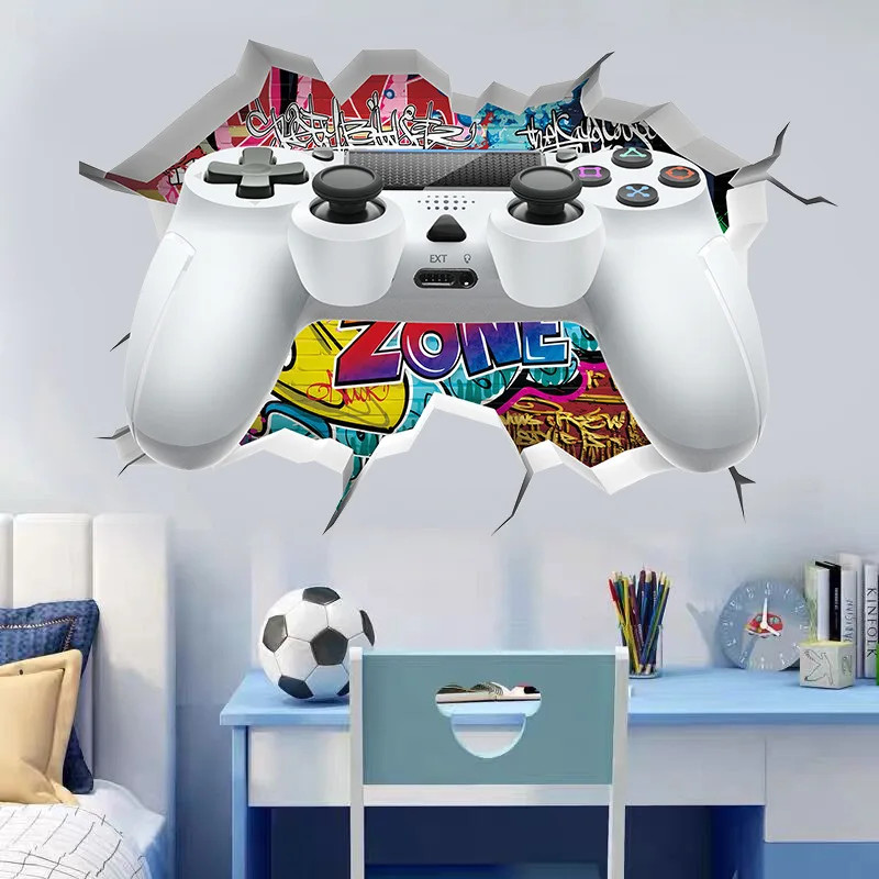 3D Broken Wall Gaming Controller Vinyl Sticker Kids Room Boy Bedroom Decor