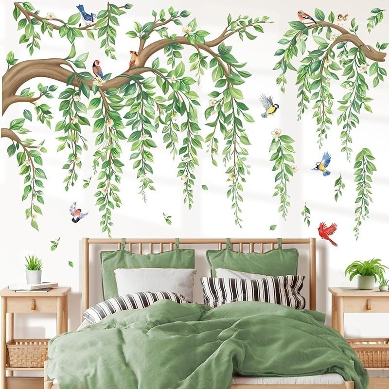 Wall Decals Floral Birds Green Leaf Kids Room Self-Adhesive PVC Stickers New