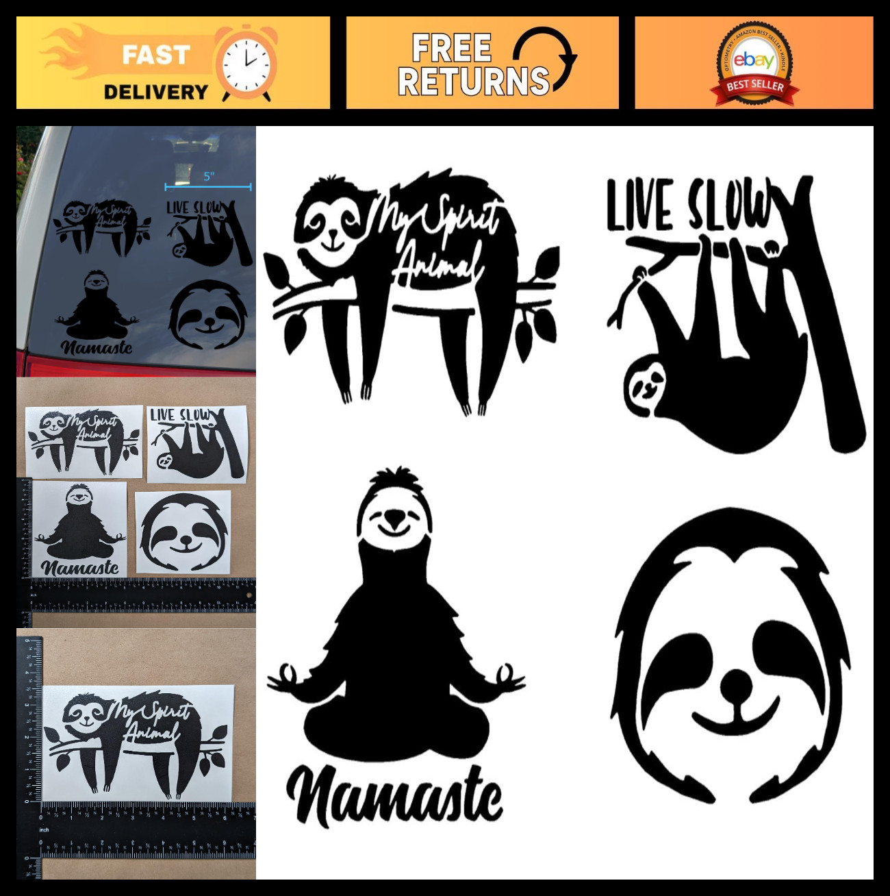 Sloth Decal Set – 4 Pack, My Spirit Animal, Live Slow, Namaste, Smiling Stickers
