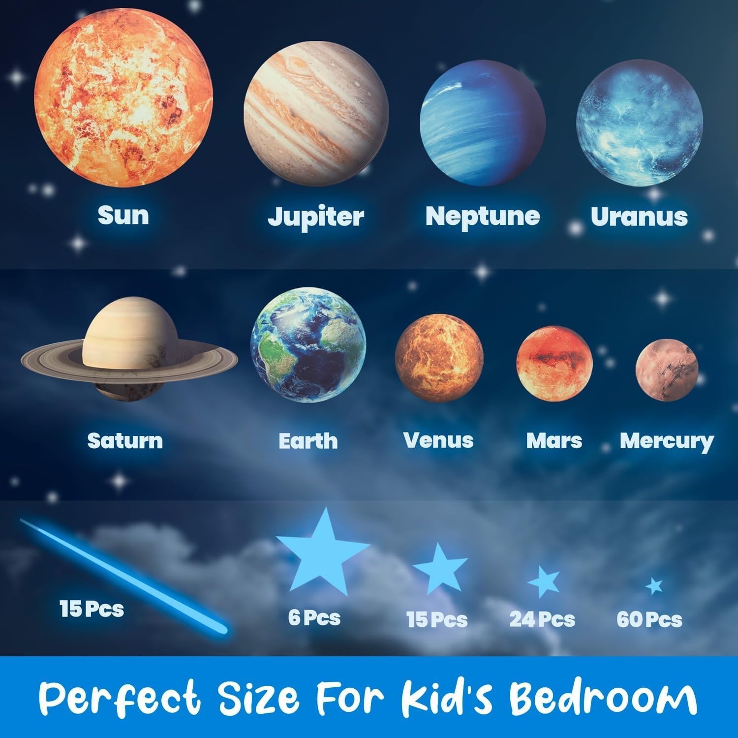 Glow in The Dark Stars and Planets, Bright Solar S