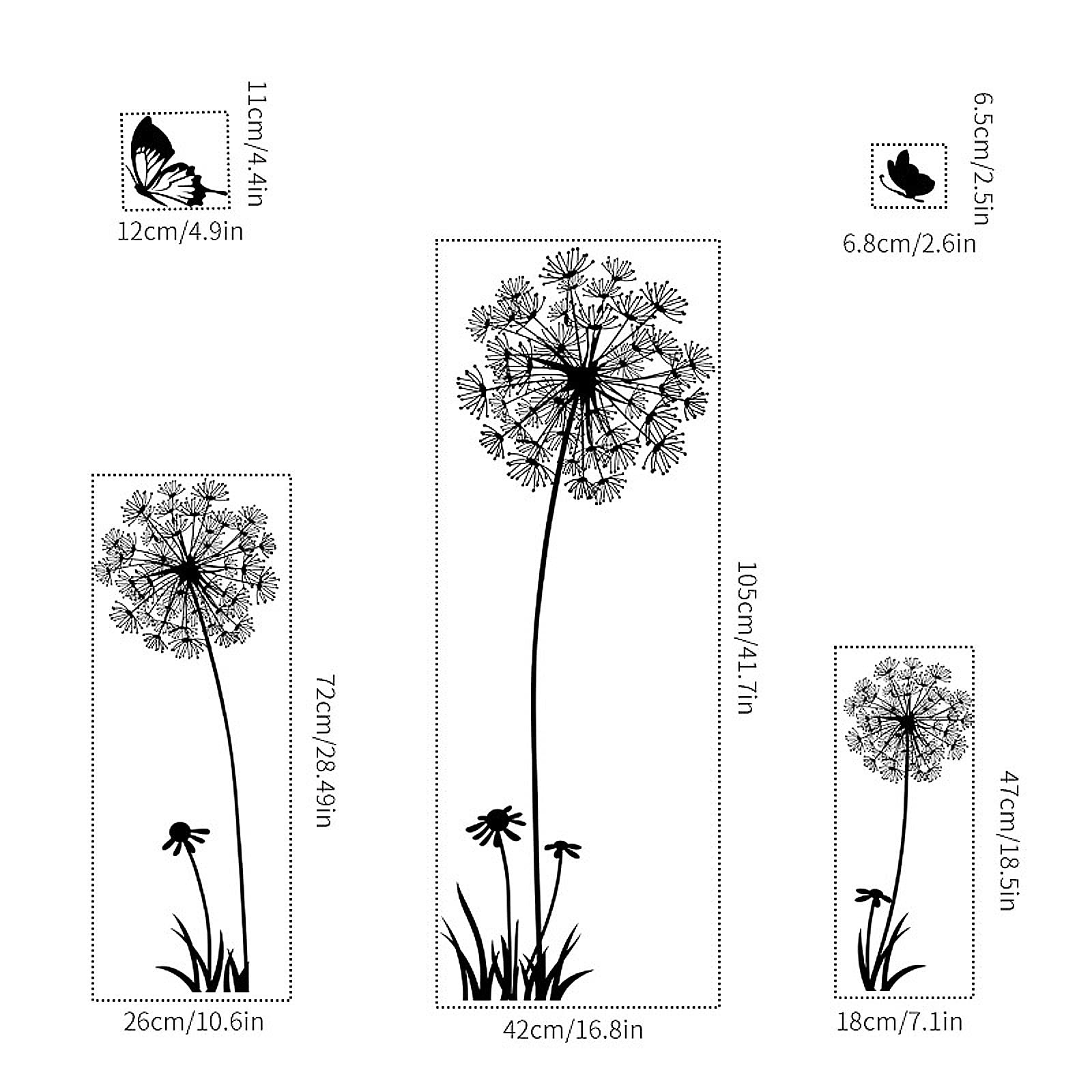 Black and White Dandelion Butterfly Wall Stickers,Creative Peel and Stick Vin…