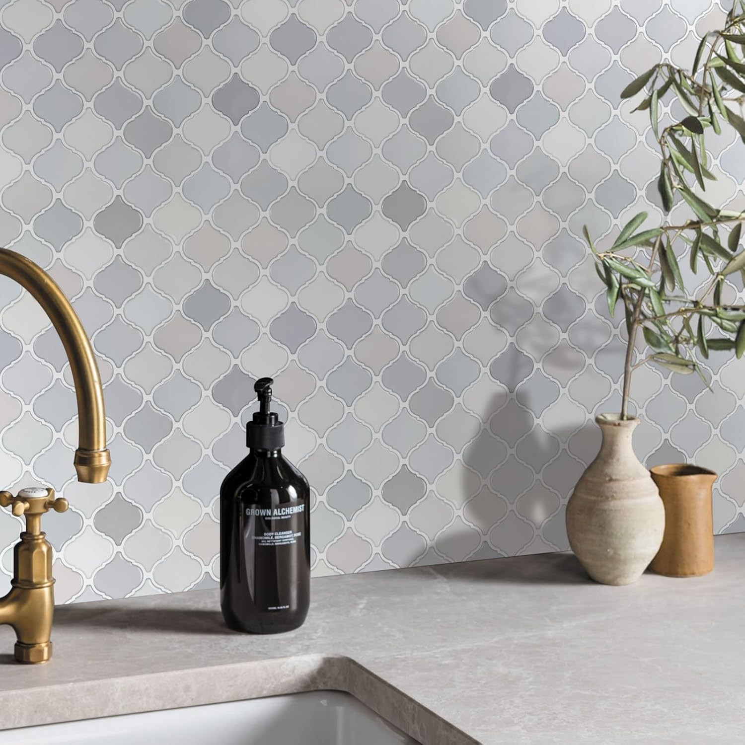Arabesque Peel Stick Backsplash 12×12' Self AdhesiveWall Tile Thicker Light Tone