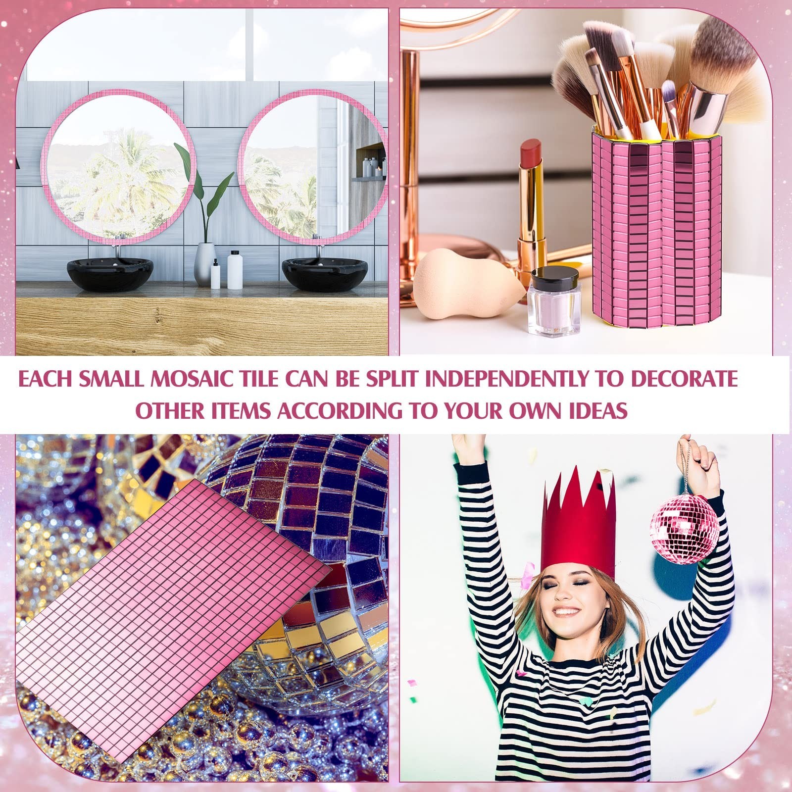 Self-Adhesive Mirrors Mosaic Tiles, 7200 Pieces (Pink, 5 x 5 mm), Peel and St…