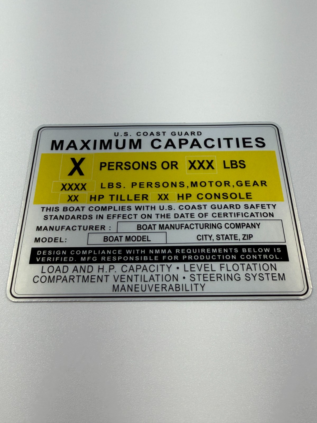 Custom Boat Capacity Plate Replacement Decal USCG NMMA Tag Sticker Silver 4×3