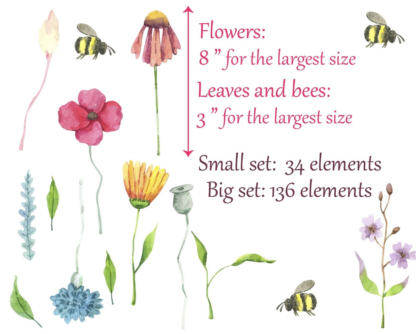 Watercolor Field Flowers Wall Decals Nursery Bee Floral Leaves Stickers LF534