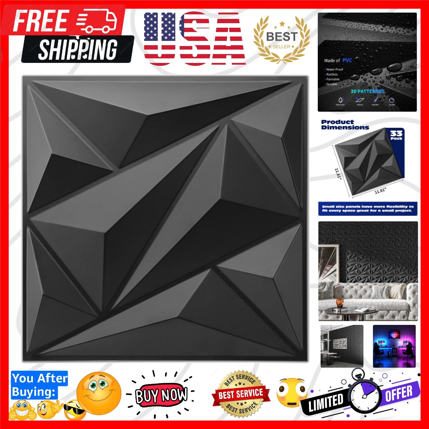 33 Pack 3D Wall Panel Diamond for Interior Wall Décor, PVC Flower Textured Wa…