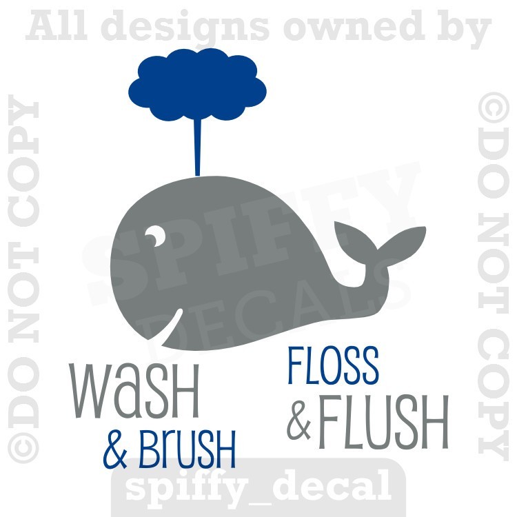 Wash Brush Floss Flush Whale Bathroom Vinyl Wall Decal Quote Decor Sticker