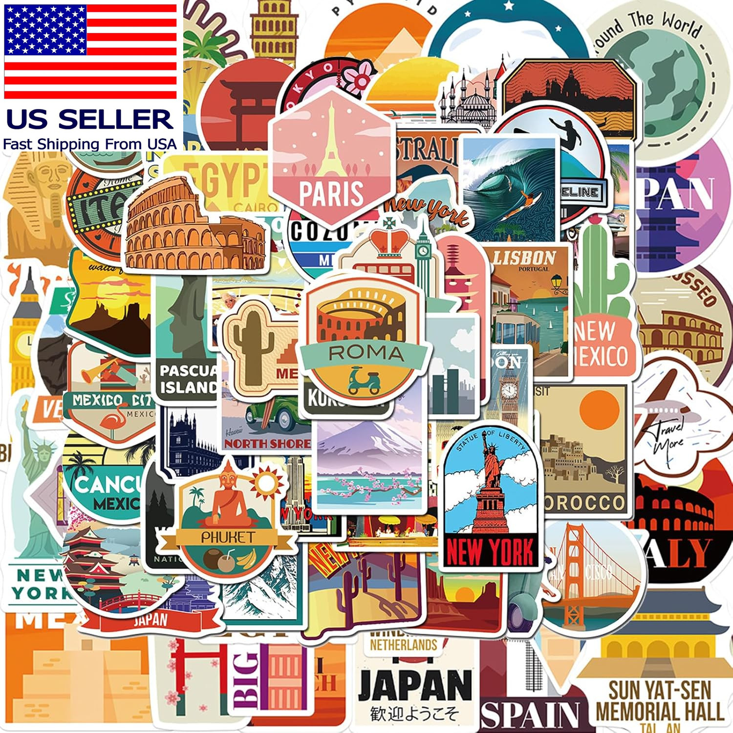 100 Pcs World Travel Stickers Set Cityscape Aesthetic Travel Map Sticker Vinyl W