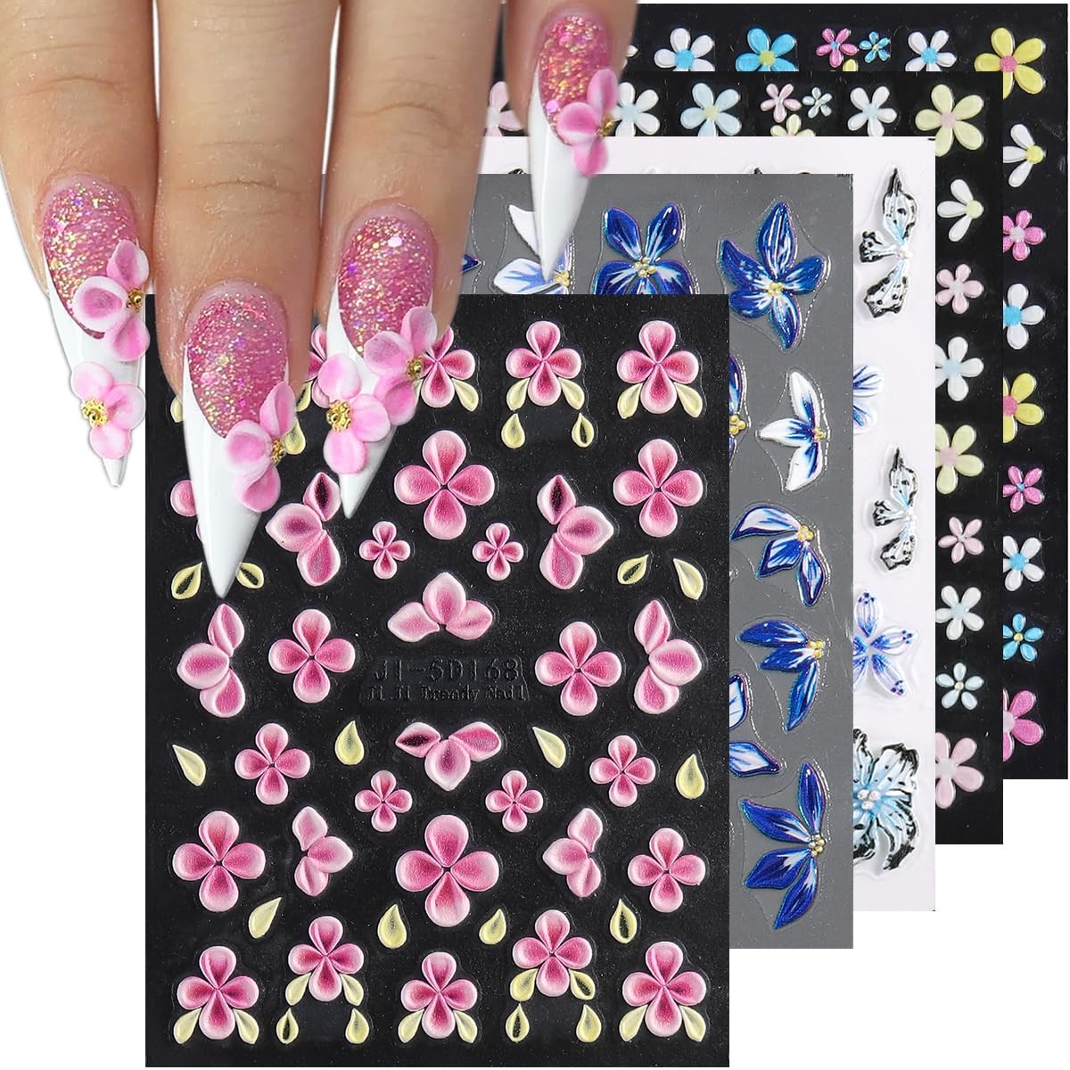 Fspronail 5D Flower Nail Art Stickers 5Pcs Embossed Pink Blue Colorful-01